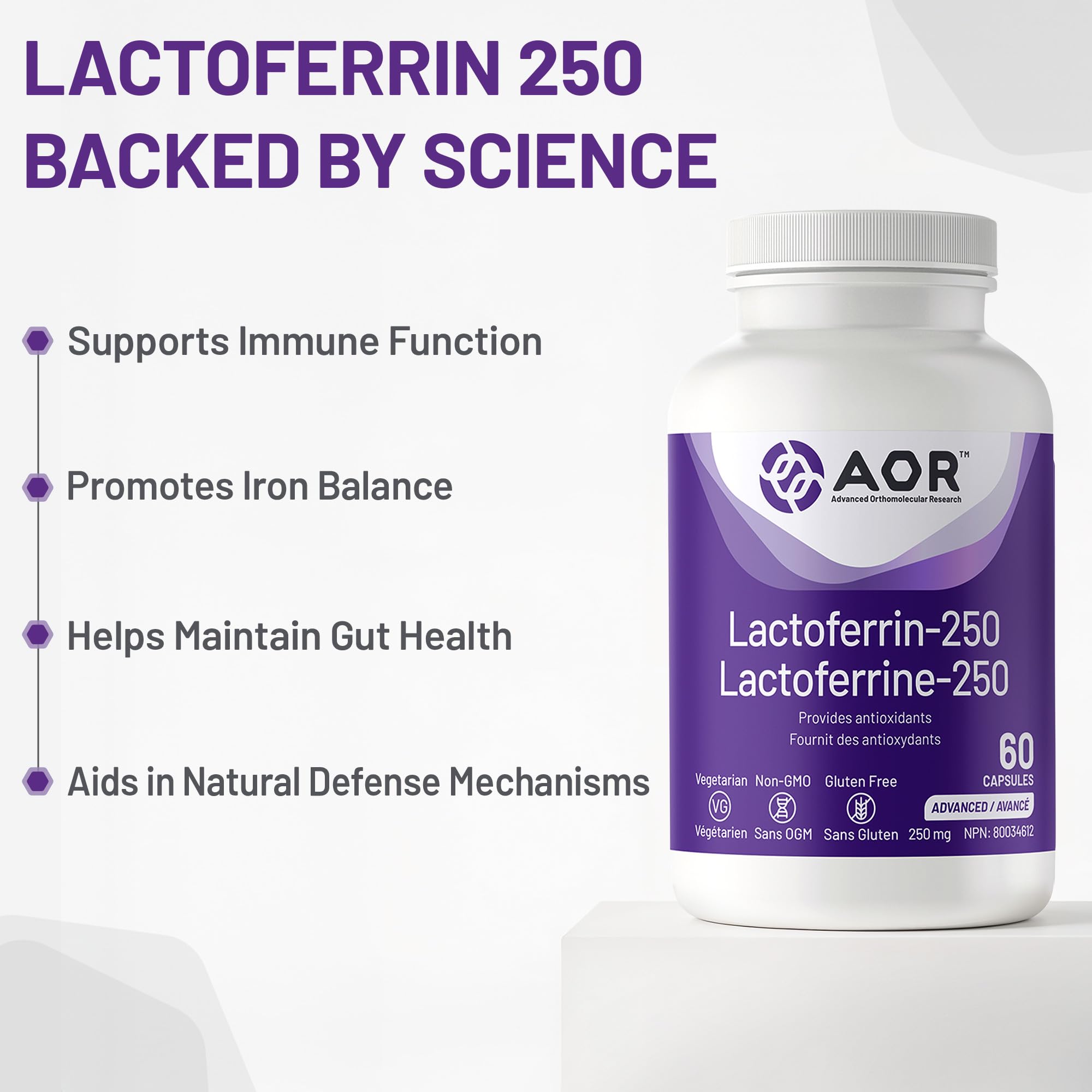 AOR Lactoferrin 250mg, 60 Capsules 60-Day Supply - Supports Balanced Iron Levels & Antioxidant Properties - Non-GMO Vegetarian Formula for Energy, Vitality & Strong Bones, Promotes Iron Utilization