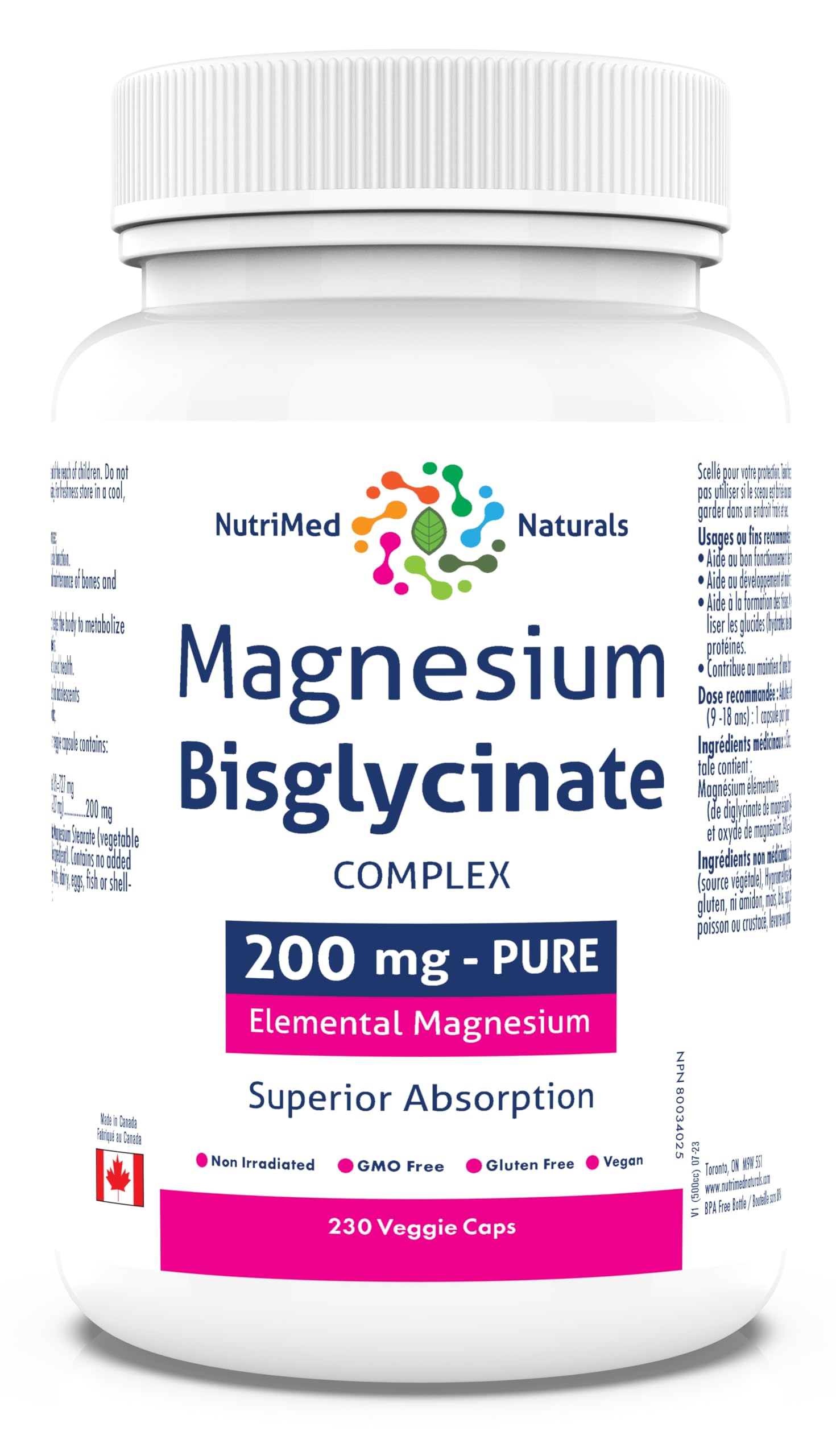 Nutrimed Naturals - Magnesium Bisglycinate Complex 200mg, 230 Capsules 230-Day Supply - Maintain Proper Muscle Function & Bone Health, Sleep Support - 3rd Party Tested - Formulated & Made in Canada
