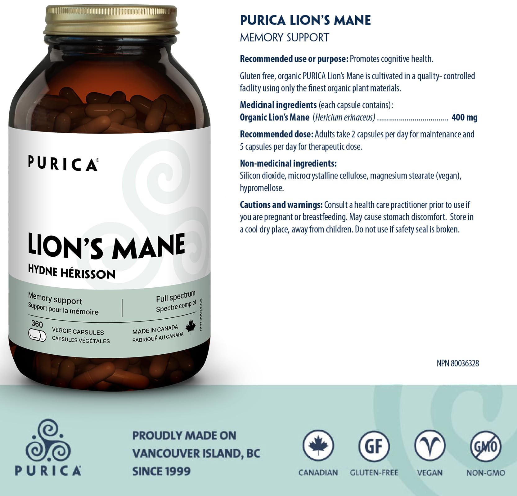 PURICA Crinière de Lion Biologique - Complément pour la Santé Cérébrale, Mémoire et Concentration, Gélules 100% Naturelles, Véganes