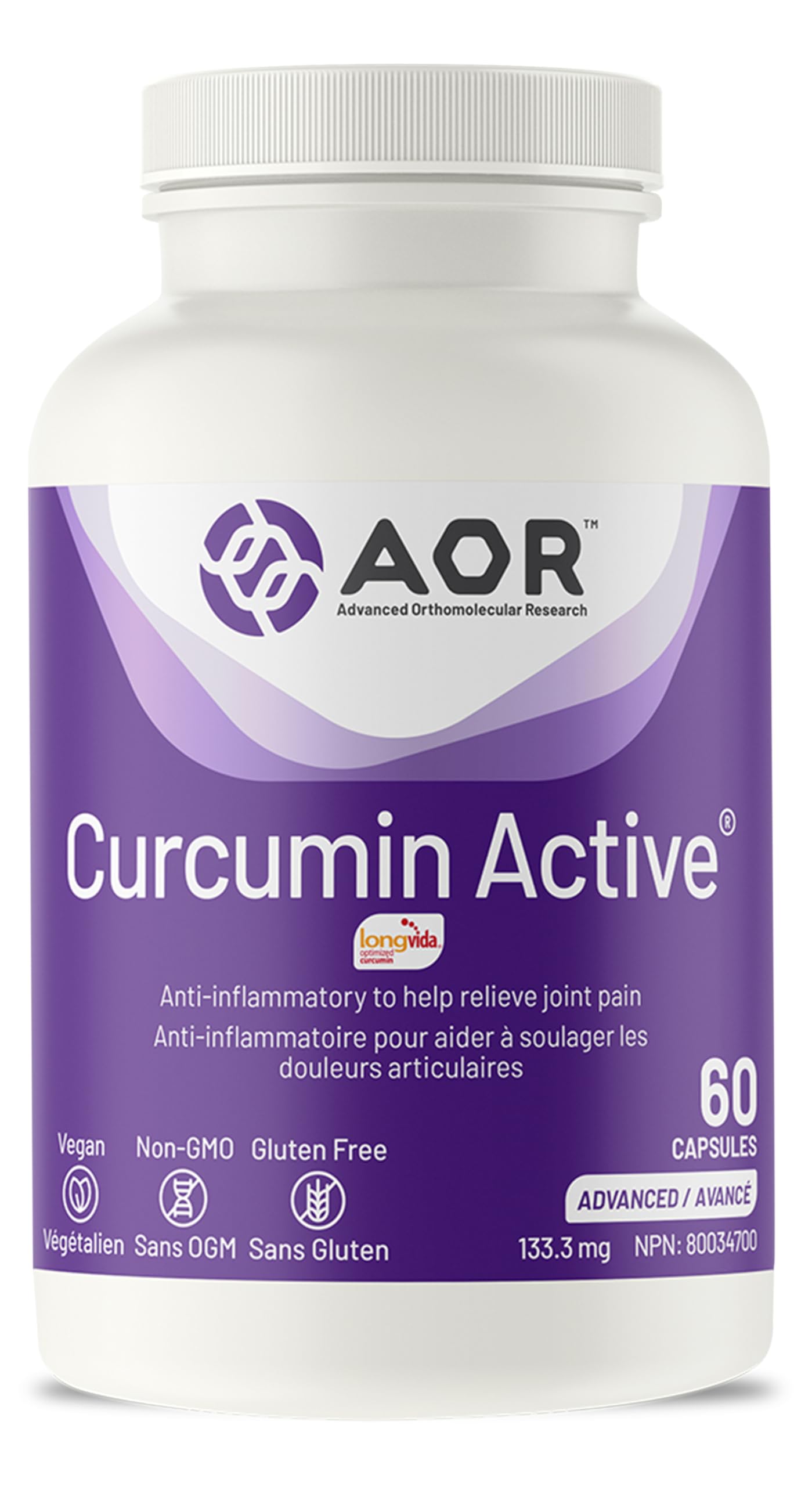 AOR Curcumin Active 133,3mg, 60 gélules (approvisionnement de 60 jours) - Végétalien, sans OGM et sans gluten - Absorption améliorée - Confort articulaire et soutien antioxydant