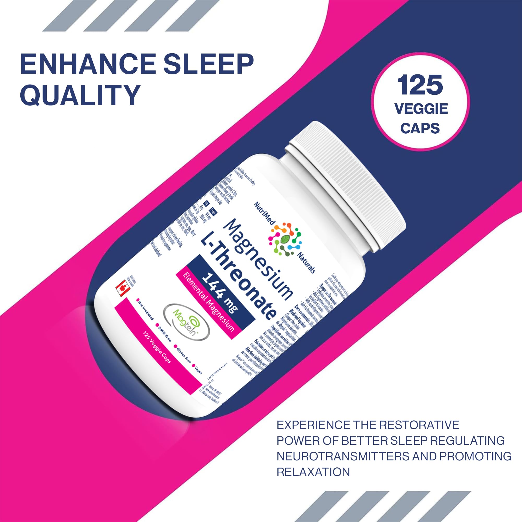 Nutrimed Naturals - Supplément de Magnésium L-Thréonate Élémentaire 144mg 125 Gélules, 48 Jours d'Approvisionnement - Concentration Accrue, Mémoire Améliorée & Santé Cérébrale Optimale - Testé par un Tiers - Formulé et Fabriqué au Canada