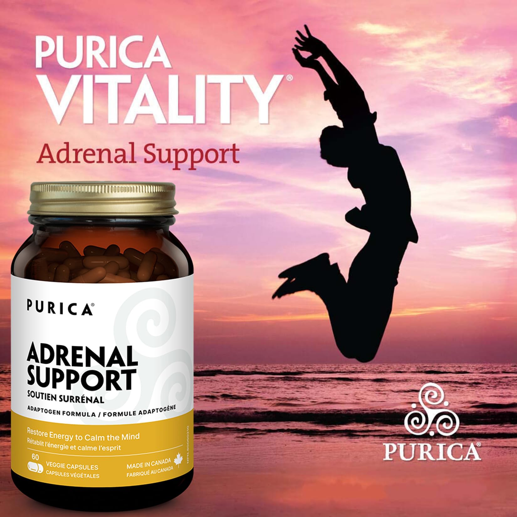PURICA - Soutien surrénalien Vitality, 60 capsules végétaliennes, cure de 30 jours – Redonne de l'énergie pour calmer l'esprit – Réduit le cortisol, renforce la santé cardiovasculaire et fournit des antioxydants pour le bien-être général