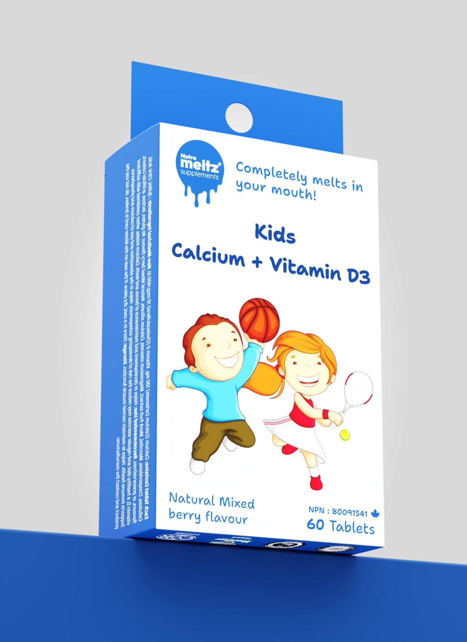 Nutrameltz Kids Calcium + Vitamin D3, 60 Fast-Dissolving Tablets 60-Day Supply - Mixed Berry Flavor, Supports Healthy Bone Strength, Growth and Development, Sugar, Gluten, Dairy-Free, Made in Canada