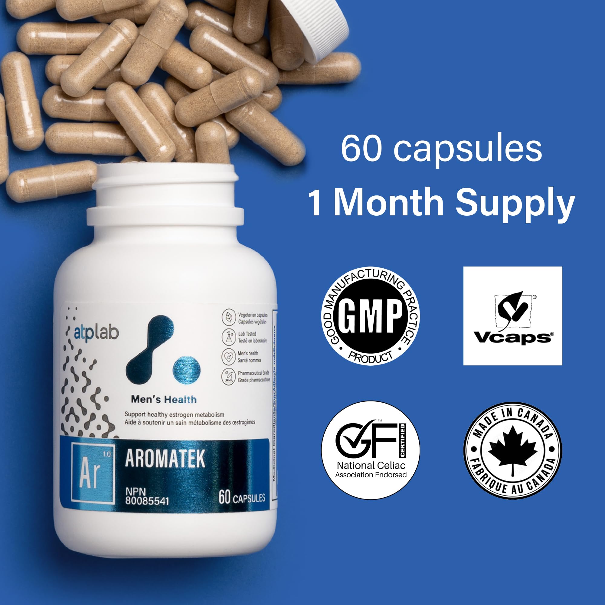 ATP LAB - Aromatek 60 gélules - Cure de 30 jours - Supplément d'œstrogènes pour la santé masculine - Équilibre hormonal des œstrogènes, stimulant masculin et supplément d'antioxydants pour hommes - Formulé et fabriqué au Canada