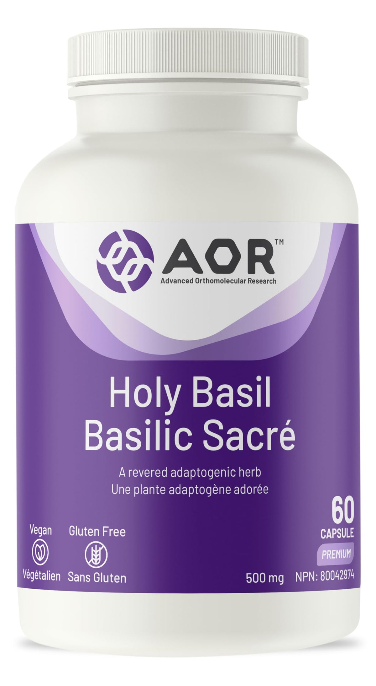 AOR Holy Basil Extract 500mg Supplement, Vegan Capsules, Tulsi, 60 Capsules