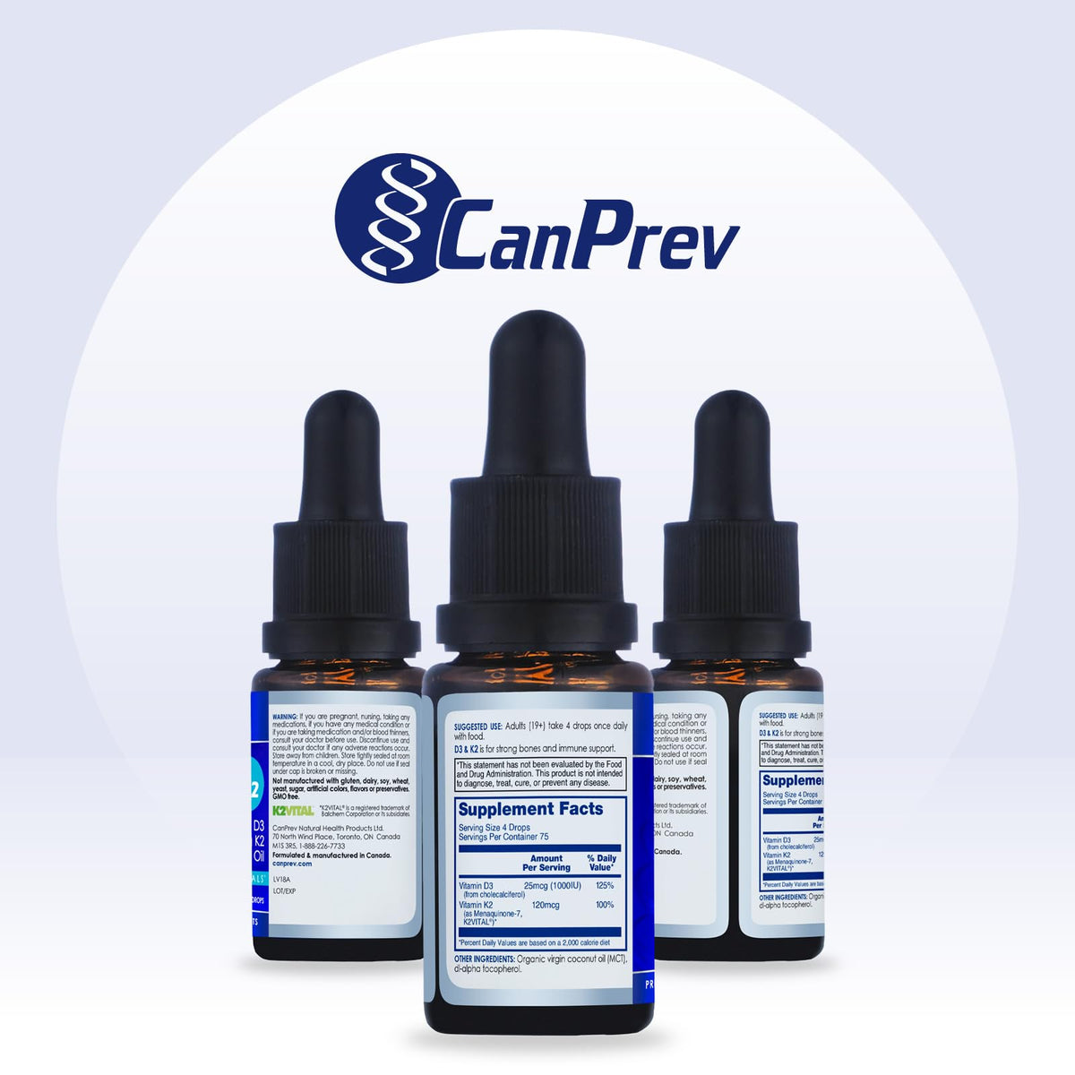 CanPrev Vitamin D3 K2 Drops, MCT Base, Unflavoured, 15 ml, 112 Servings