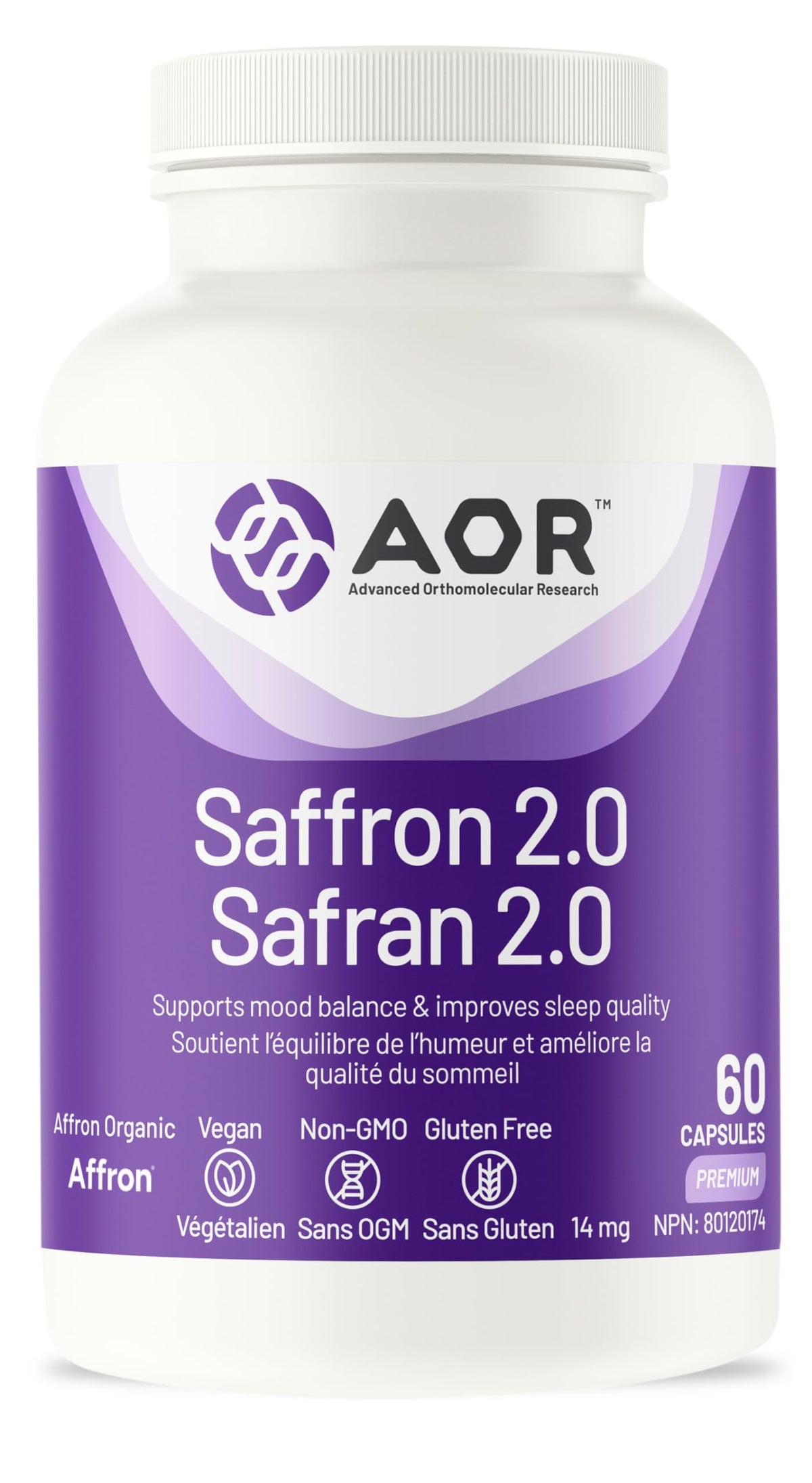 AOR Saffron 2.0 Supplement, Gluten Free, 14 mg, 60 Capsules, 30-Day Supply