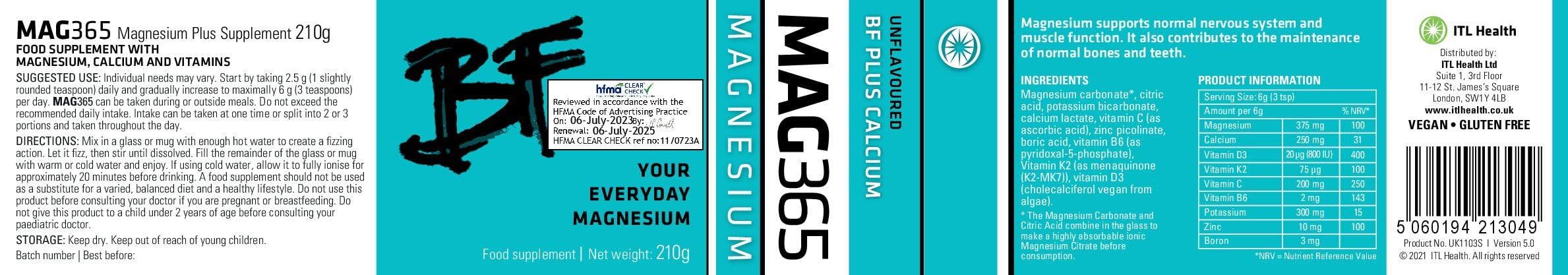 MAG365 ITL Health BF Plus Calcium, 210g 35-Servings - Ionic Magnesium Citrate Powder, Natural Citrus Flavor - Vitamin K2 D3 with Zinc, B6, C, Calcium & Potassium - Bone Support Formula for Men & Women