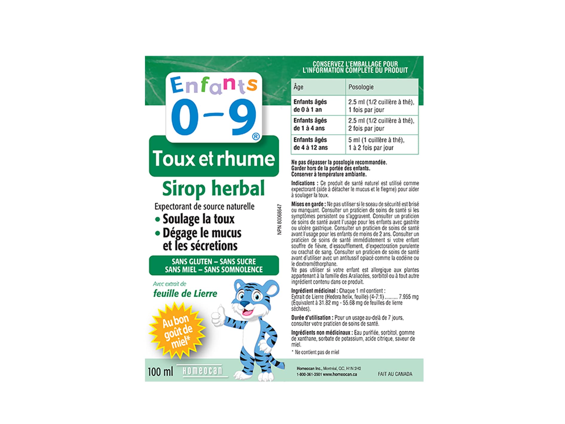 Sirop contre la toux et le rhume à base de plantes pour les enfants de 0 à 9 ans