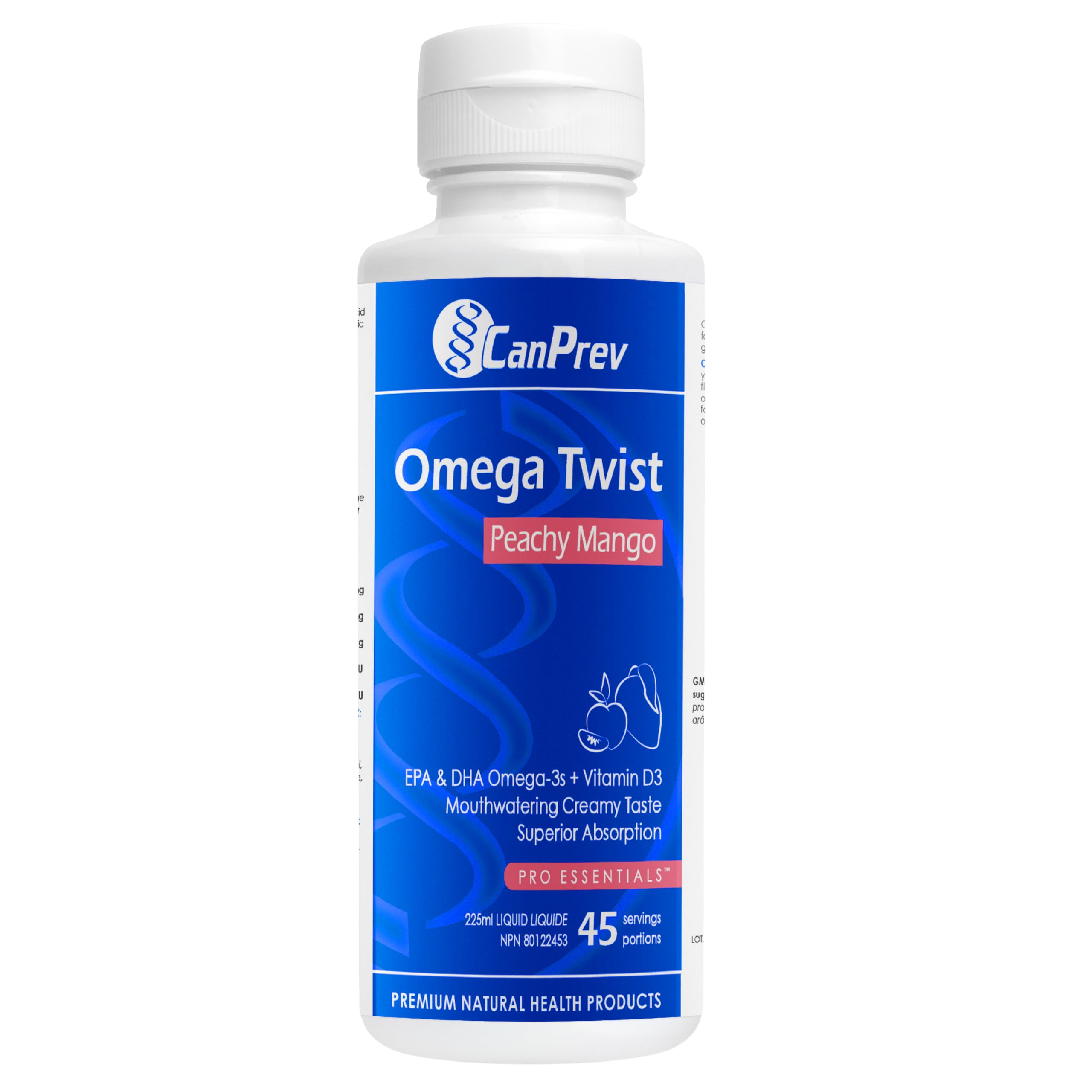 CanPrev Omega Twist Pêche Mangue, 225 ml Liquide 45 Portions - Absorption Supérieure Enrichi en Vitamine D3, Acides Gras Oméga-3 DHA et EPA - Aide à Soutenir la Santé Cognitive et la Fonction Cérébrale - Sans OGM