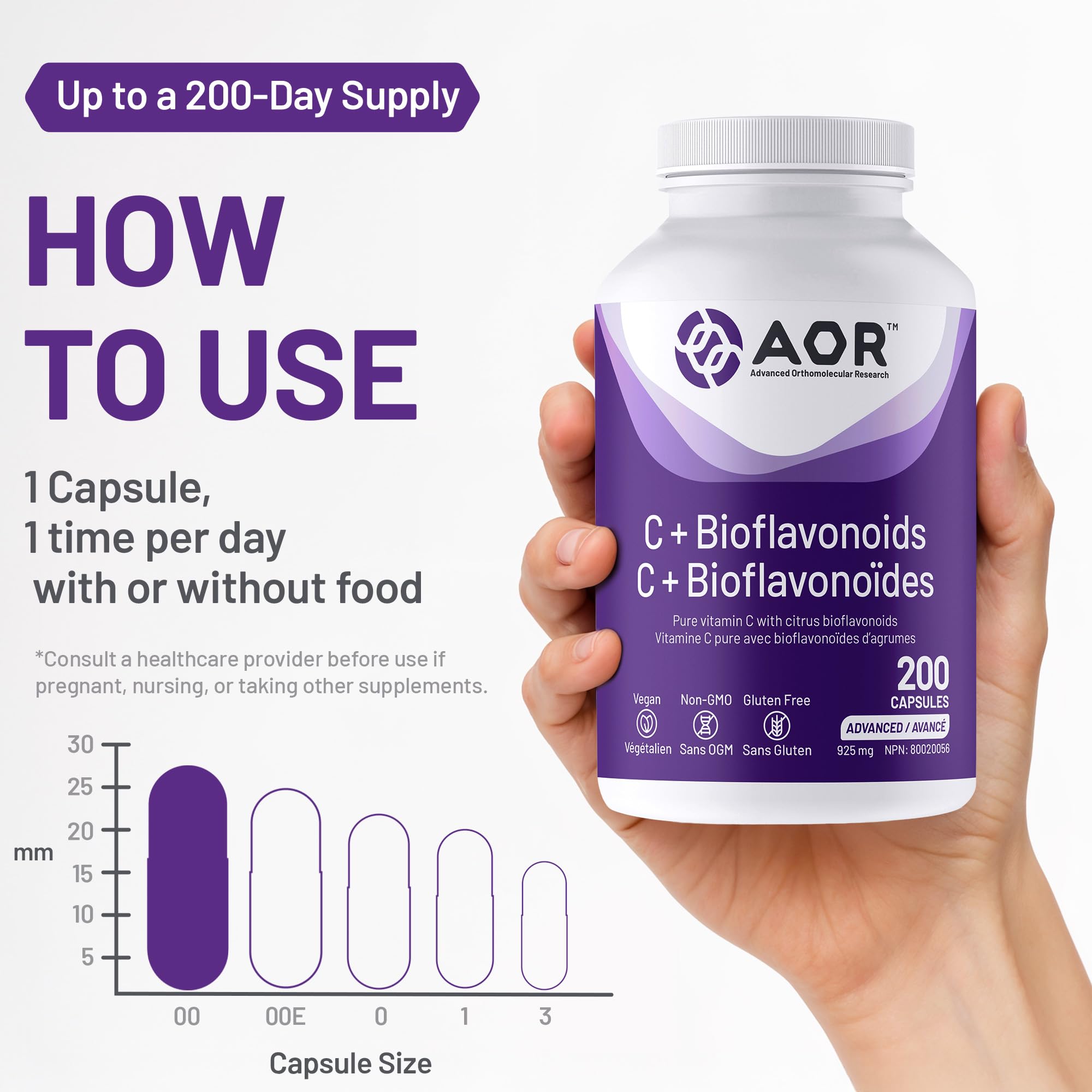 AOR - C+ Bioflavonoïdes 925 mg, 100 capsules - Supplément de vitamine C acide ascorbique avec bioflavonoïdes d'agrumes - Soutien cérébral, santé cardiaque, soutien immunitaire, santé vasculaire et cicatrisation des plaies