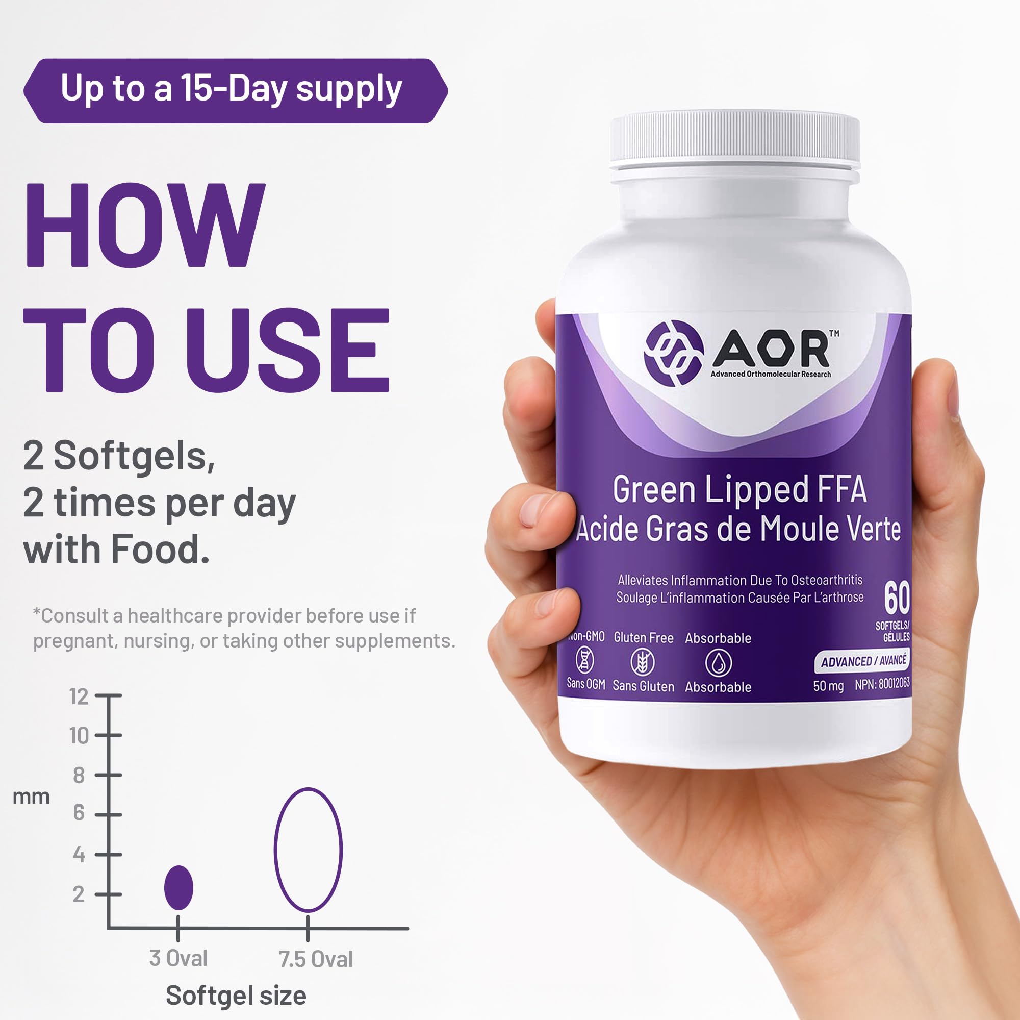AOR Green Lipped FFA Mussel Omega-3 Supplement, 60 Softgels - Joint Comfort & Active Lifestyle, Free Fatty Acids Extract from Green Lipped Mussels, Non-GMO, Gluten-Free and Absorbable