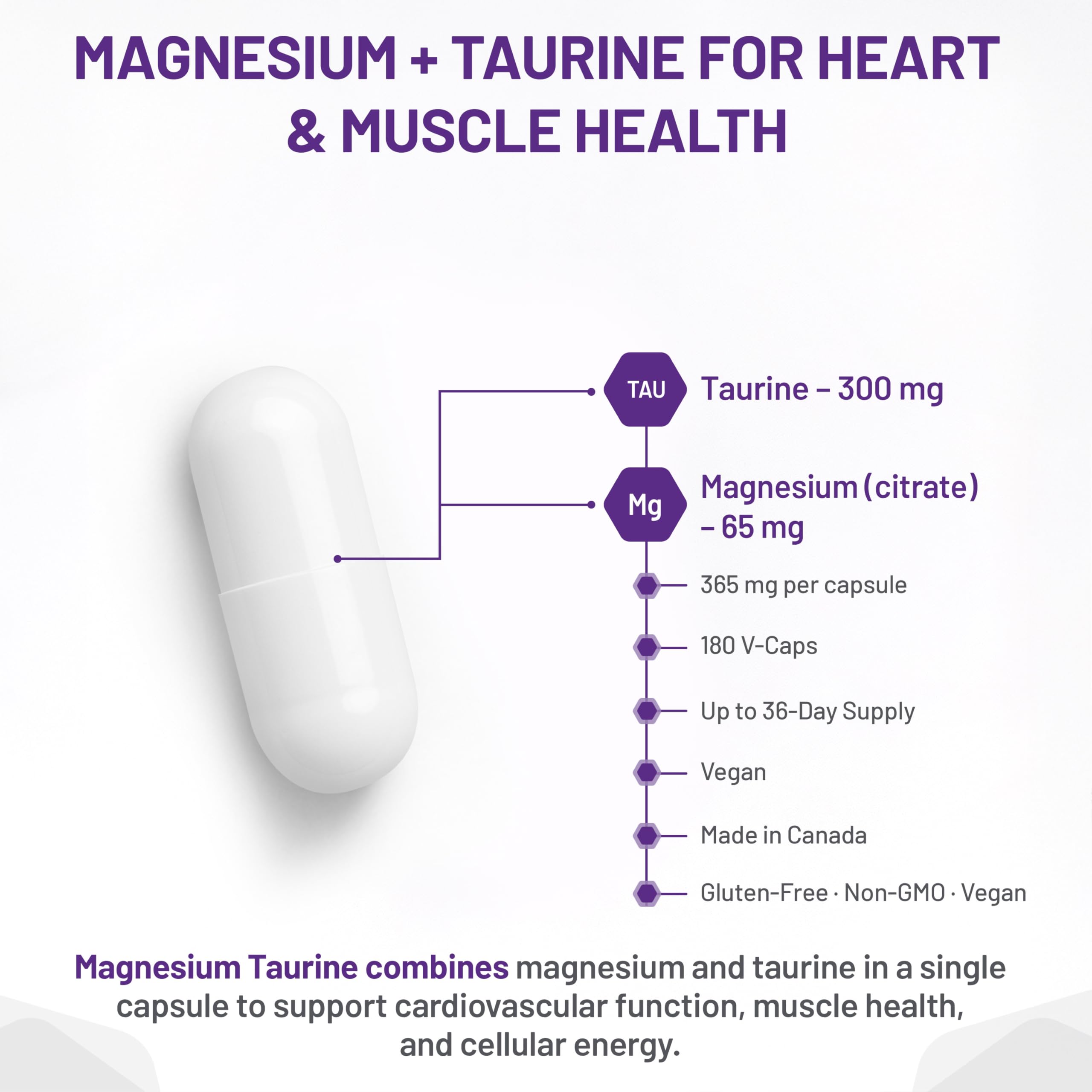 Gélules de magnésium + taurine AOR, 180 unités, pour 36 jours – Soutient la santé cardiaque, favorise des niveaux de calcium équilibrés et contribue à la solidité des os, des dents et à la fonction musculaire – Végétalien, sans OGM et sans gluten