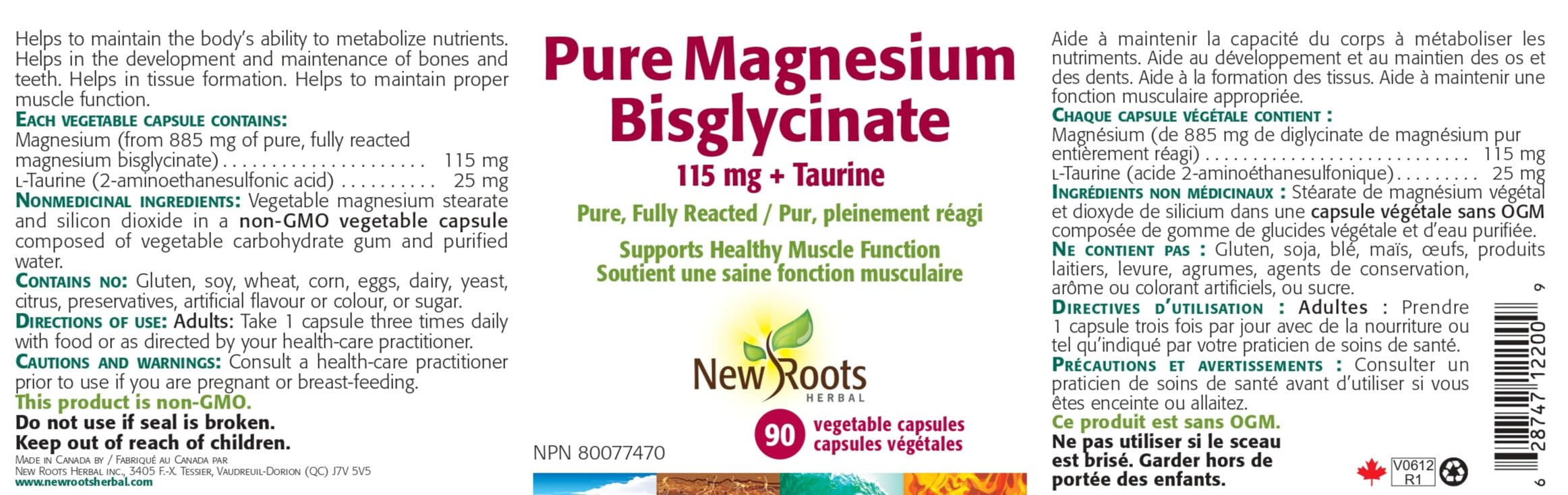 New Roots Herbal Bisglycinate de magnésium pur 115 mg + Taurine 25 mg, 90 capsules végétales, approvisionnement de 30 jours, doux pour l'estomac, soutient les muscles, les nerfs, le cœur et la force osseuse, sans OGM, fabriqué au Canada