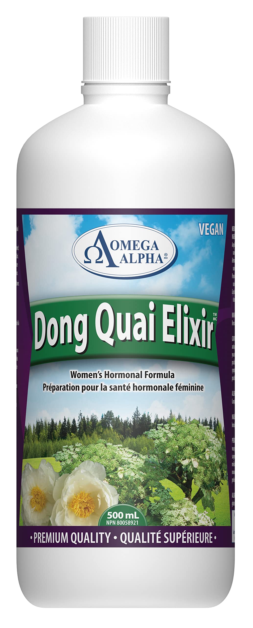 Complément alimentaire liquide à base de plantes Omega Alpha Dong Quai Elixir pour l'équilibre hormonal et le soutien de la vitalité des femmes, saveur pomme 500 ml, approvisionnement de 33 jours, formule végétalienne