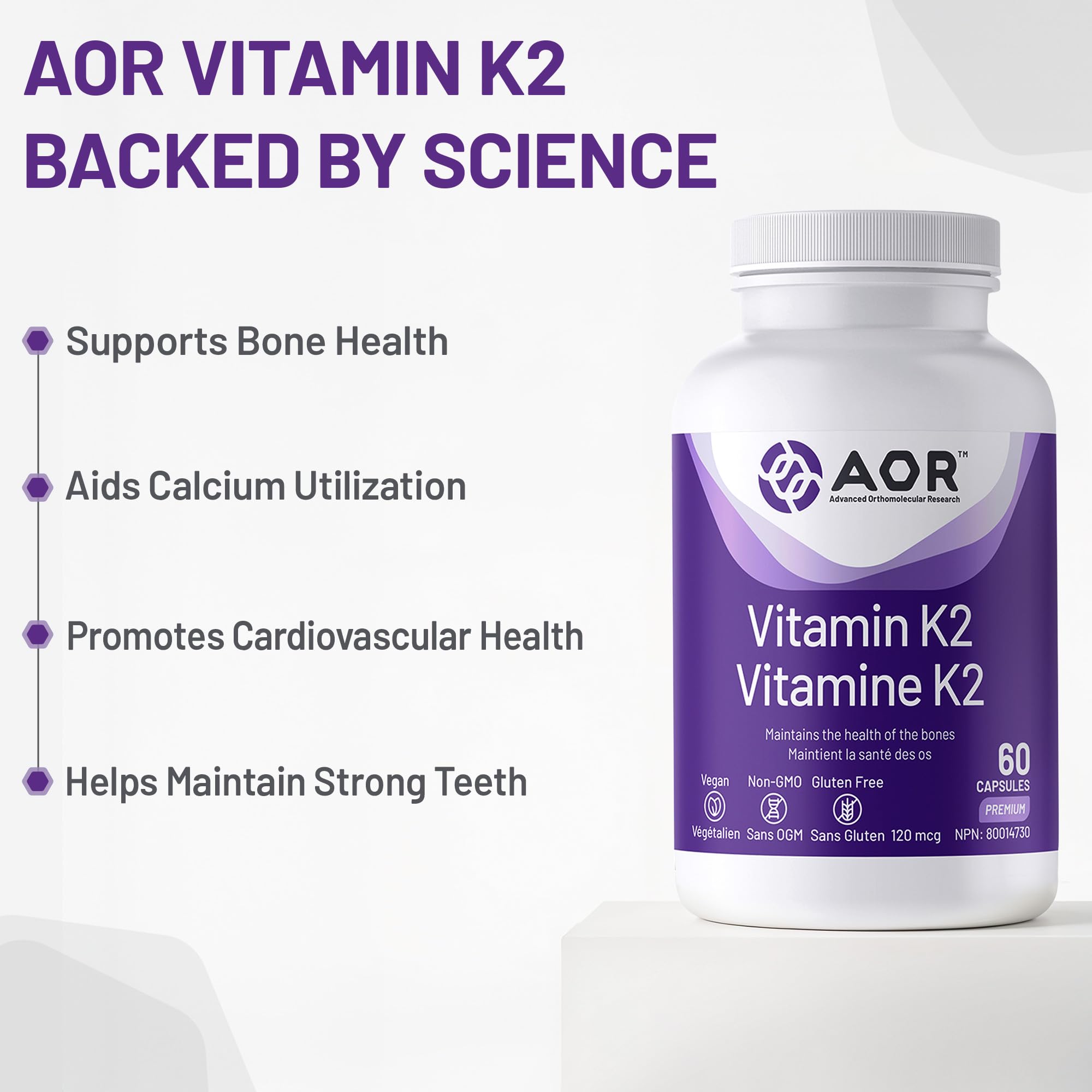 AOR Vitamin K2 Supplement 120mcg, Vegan 60 Caps 60-Day Supply - Supports Bone, Liver & Heart Wellness, Promotes Efficient Calcium Use, Helps Maintain Healthy Blood Clotting, Balanced MK-4 & MK-7 Ratio