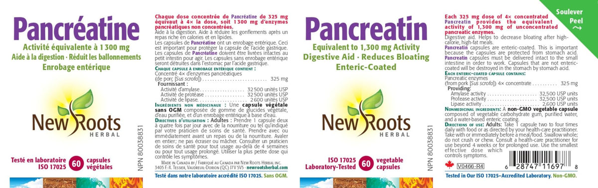 New Roots Herbal Pancreatin, 1,300 mg Activity, 60 Capsules, 30-Day Supply