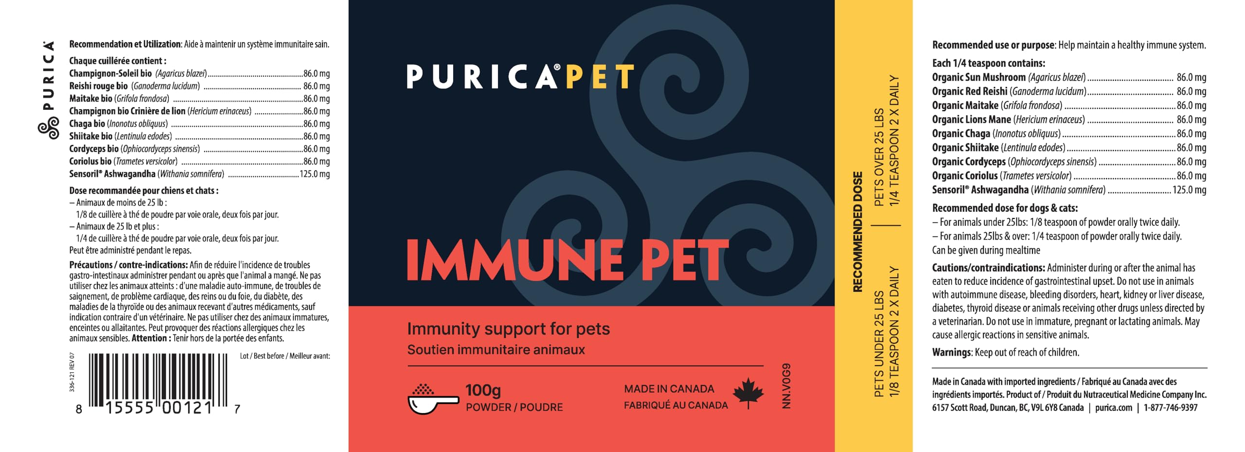 PURICA Immune Pet, poudre végétalienne 100g pour chiens et chats, mélange unique de 9 champignons avec de l'ashwagandha biologique, soutient la vitalité, l'énergie naturelle, la clarté mentale et le confort articulaire, formule sans OGM et sans gluten