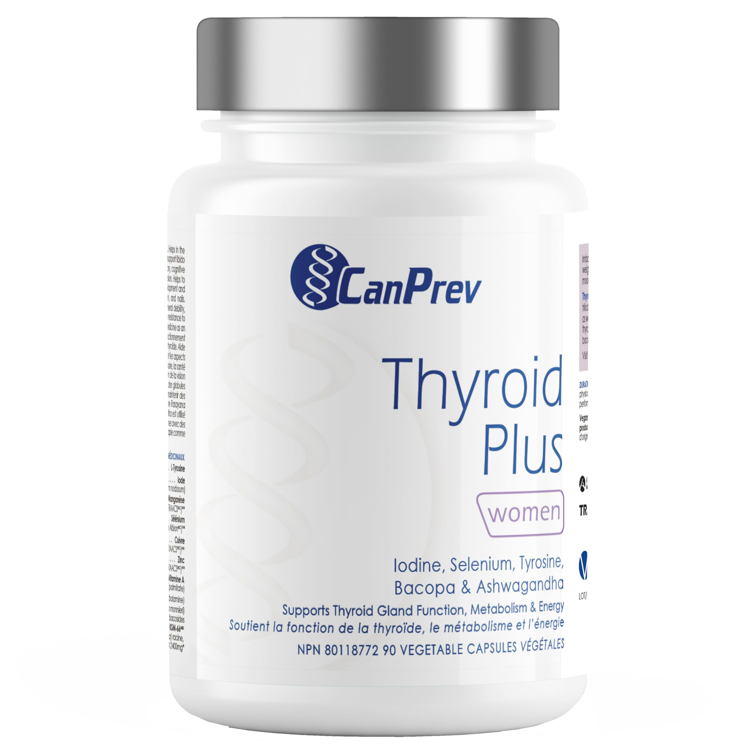 CanPrev Thyroid Plus pour femmes, 90 capsules, cure de 30 jours – Mélange de L-Tyrosine, Iode, Zinc, Cuivre, Manganèse et Ashwagandha KSM-66 pour soutenir l'énergie et le métabolisme – Suppléments pour le soutien de la thyroïde