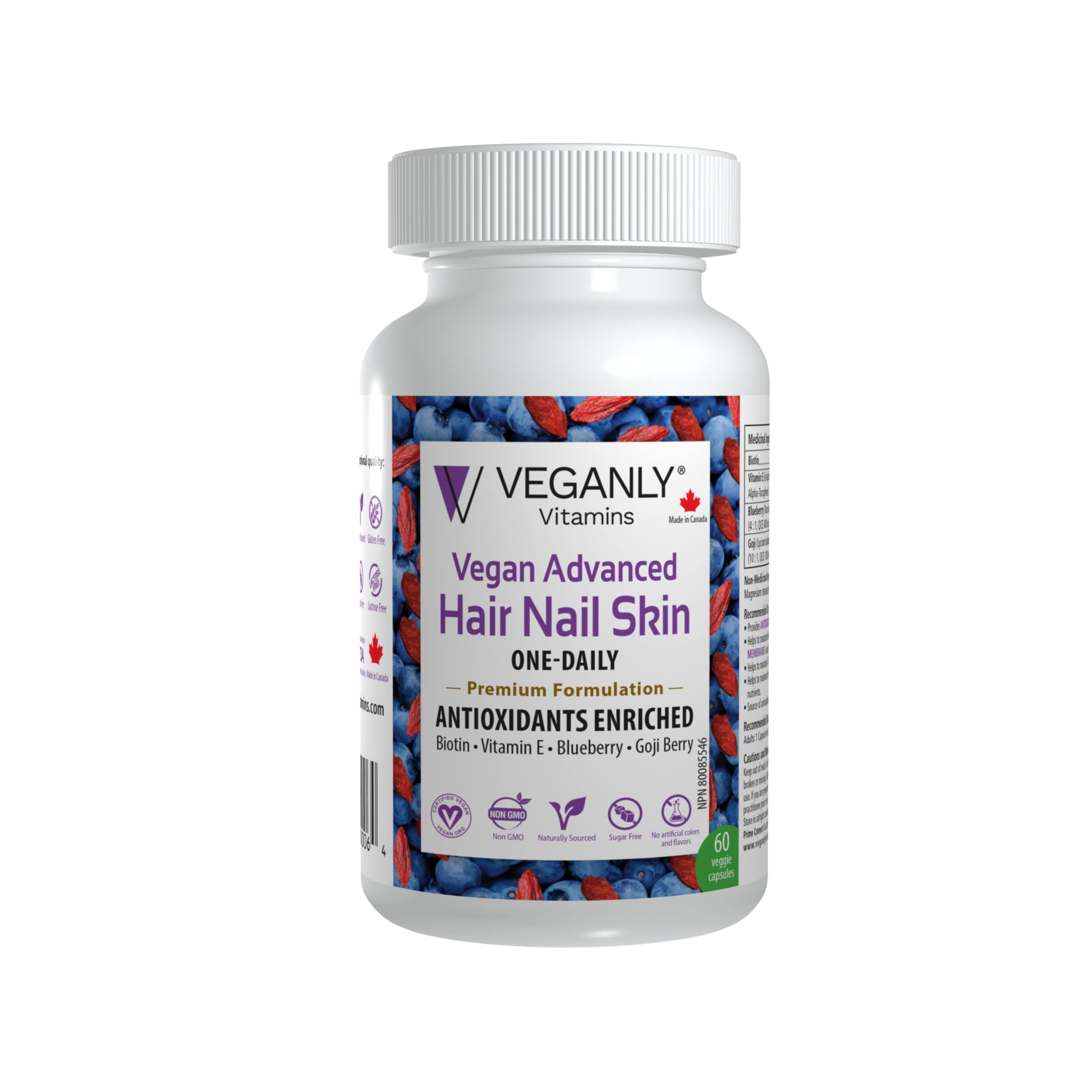 VEGANLY Vegan Advanced Hair Nail Skin One-Daily. Canadian. 60 Veggie Capsules - Enriched Antioxidant Supplement - Improve Hair, Improve Skin Health and Nail Health - Plant Based with Biotin & Natural Superfood (NPN80085546)