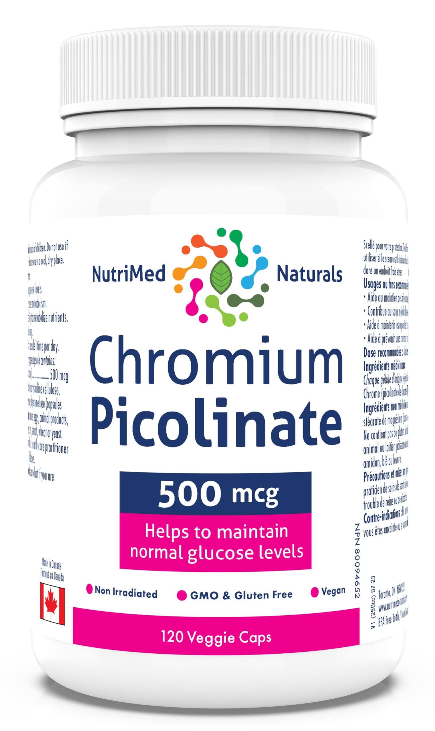 Nutrimed Naturals - Picolinate de chrome 500mcg, 120 Gélules pour 120 Jours - Soutien de la Glycémie et du Sucre Sanguin - Soutien de la Masse Musculaire et du Métabolisme - Testé par un Tiers - Formulé et Fabriqué au Canada