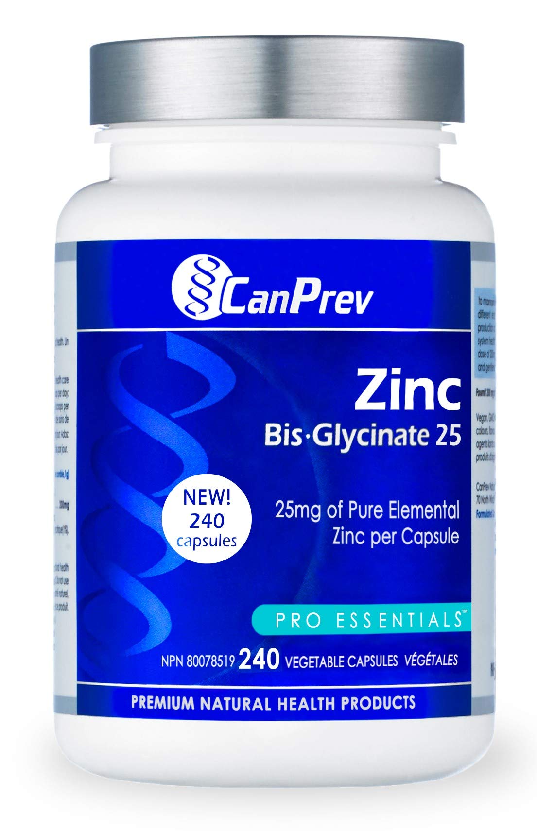 CanPrev Zinc Supplement, Bisglycinate, 25 mg, 240 Capsules, 240 Day Supply