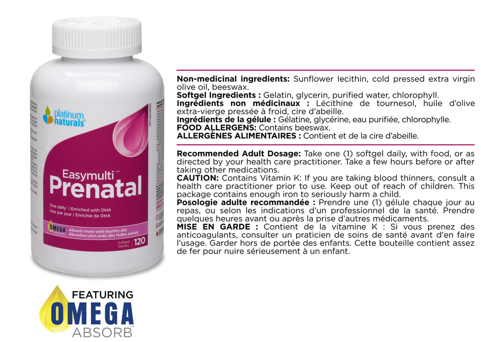 Platinum Naturals - Prenatal Easymulti | Une fois par jour | Enrichi en ADH