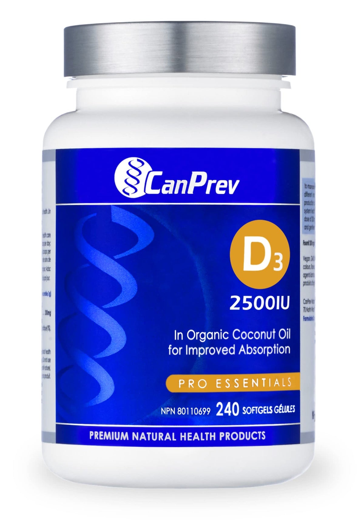 CanPrev Vitamin D3 2500 IU Softgels, MCT Oil, Lanolin-Derived, 240 Softgels