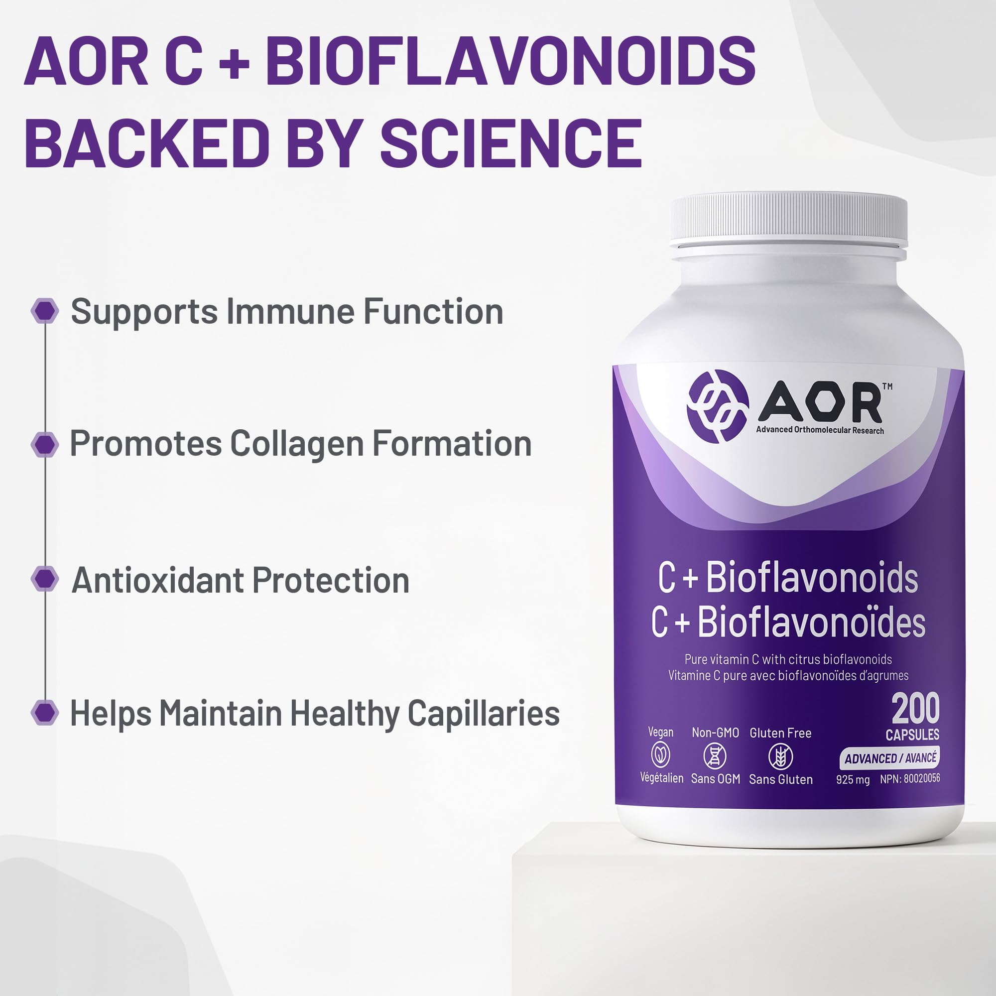 AOR - C+ Bioflavonoïdes 925 mg, 100 capsules - Supplément de vitamine C acide ascorbique avec bioflavonoïdes d'agrumes - Soutien cérébral, santé cardiaque, soutien immunitaire, santé vasculaire et cicatrisation des plaies