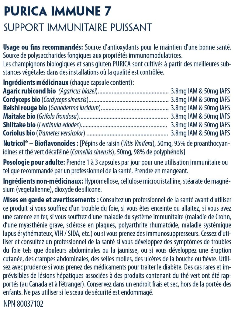 PURICA Complexe Immunitaire 7, 60 gélules - Soutien immunitaire complet avec Coriolus versicolor, Cordyceps, Reishi, Maitake, Shiitake, Champignon du Soleil - Vitalité à spectre complet, Améliore la santé et le bien-être