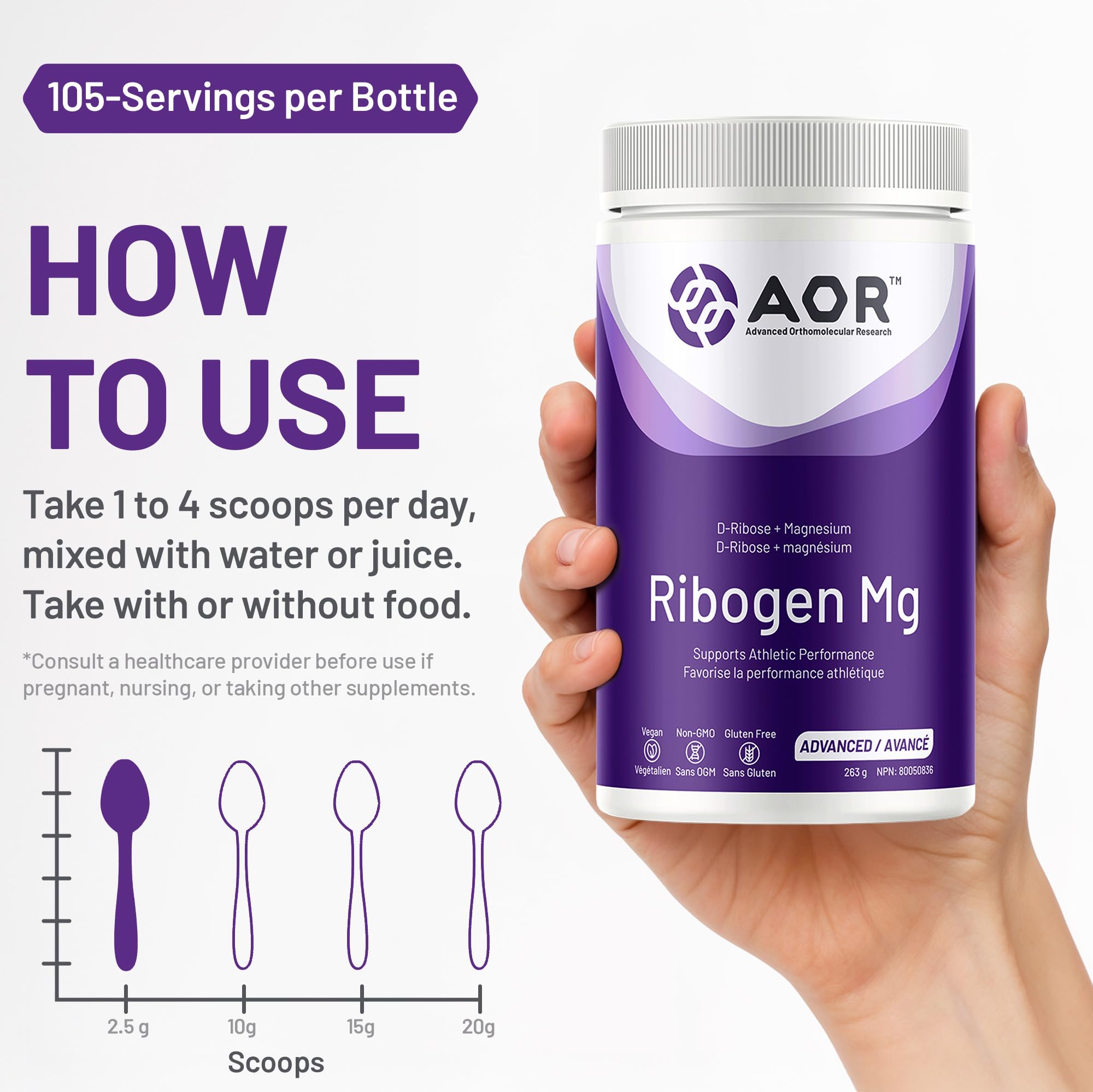 AOR Ribogen Mg 263g 105 portions – Poudre de citrate de magnésium avec D-Ribose, favorise les niveaux d'énergie et la performance physique, améliore la fonction musculaire, la récupération et la santé osseuse – Végétalien, sans OGM et sans gluten