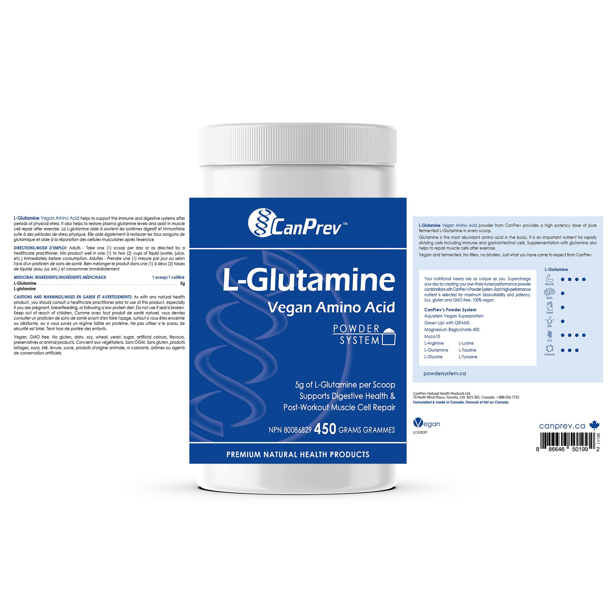 CanPrev L-Glutamine Acide Aminé Végétalien, 450g Poudre 90 Portions - Sans OGM et Sans Gluten - Supplément de Poudre de L-Glutamine pour Modes de Vie Actifs, Soin Musculaire Post-Exercice et Bien-Être Général, Non Aromatisé