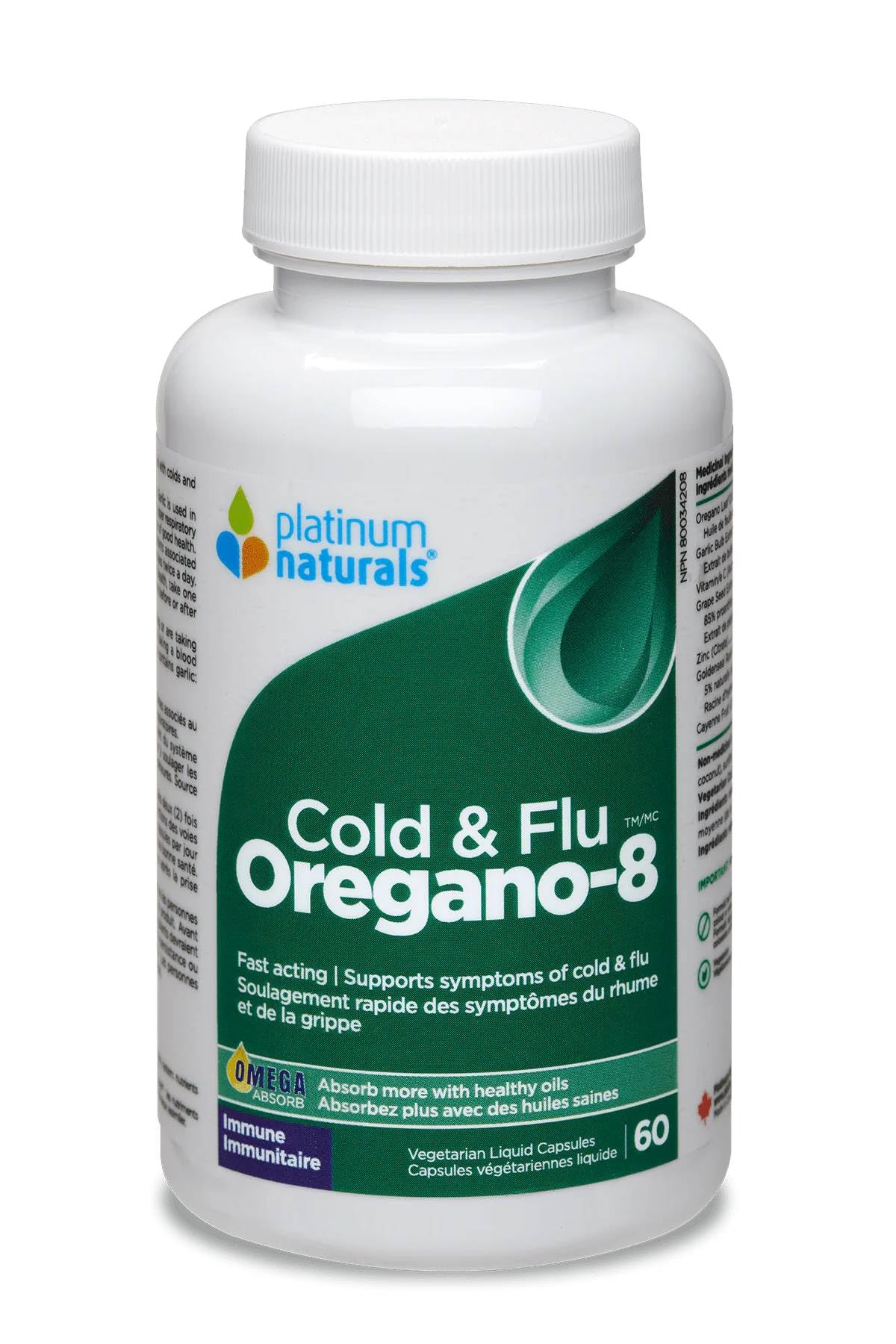 Platinum Naturals Oregano-8 Soutien contre le rhume et la grippe - avec vitamine C (acide ascorbique), ail, pépins de raisin et hydraste - Mélange d'huile d'origan biologique - Supplément pour le cholestérol et antioxydant