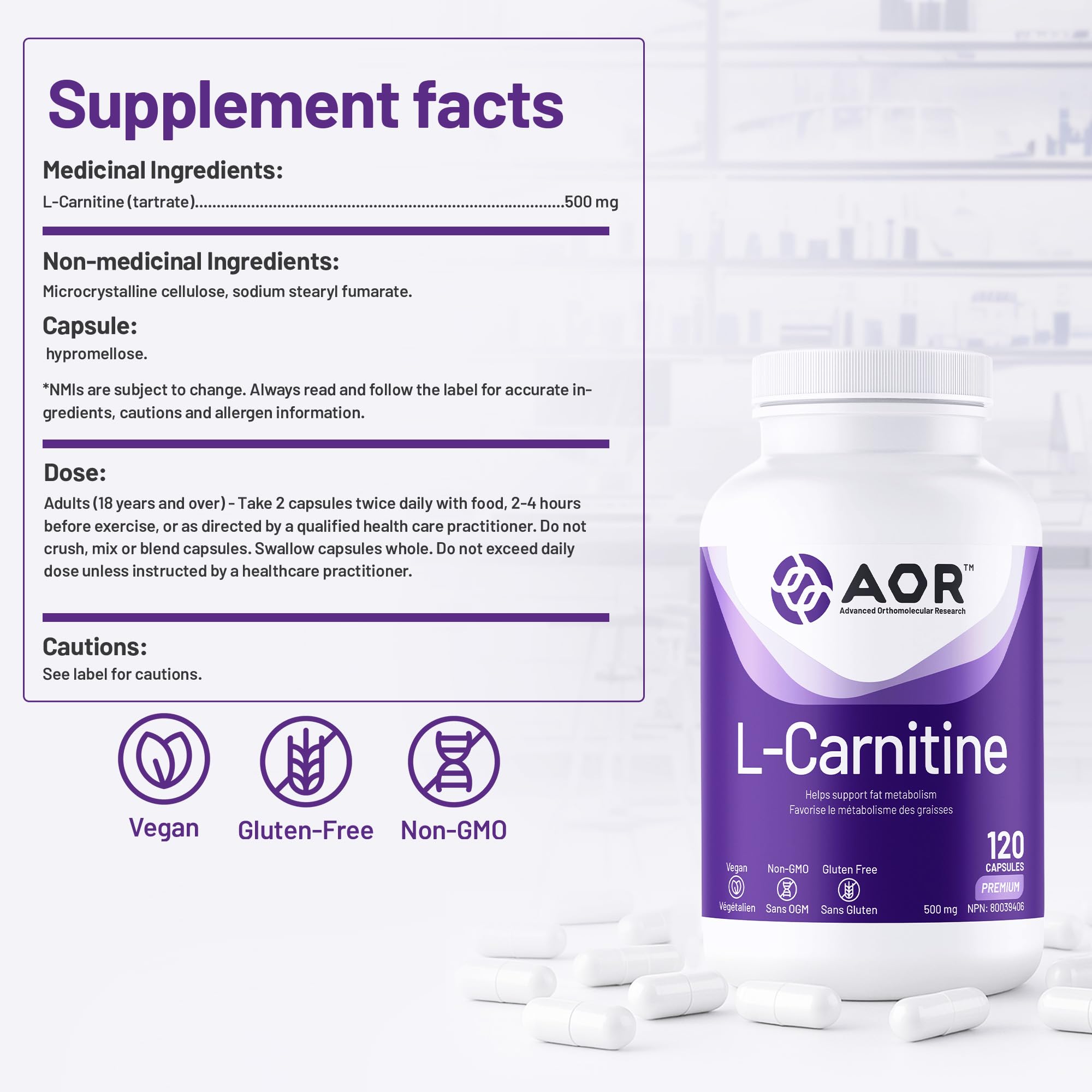 AOR - L-Carnitine 500mg, 120 Capsules 30-Day Supply - L-Carnitine Tartrate, Supports Energy Metabolism, Muscle Recovery & Athletic Performance, Promotes Fitness Goals - Vegan, Non-GMO, & Gluten-Free