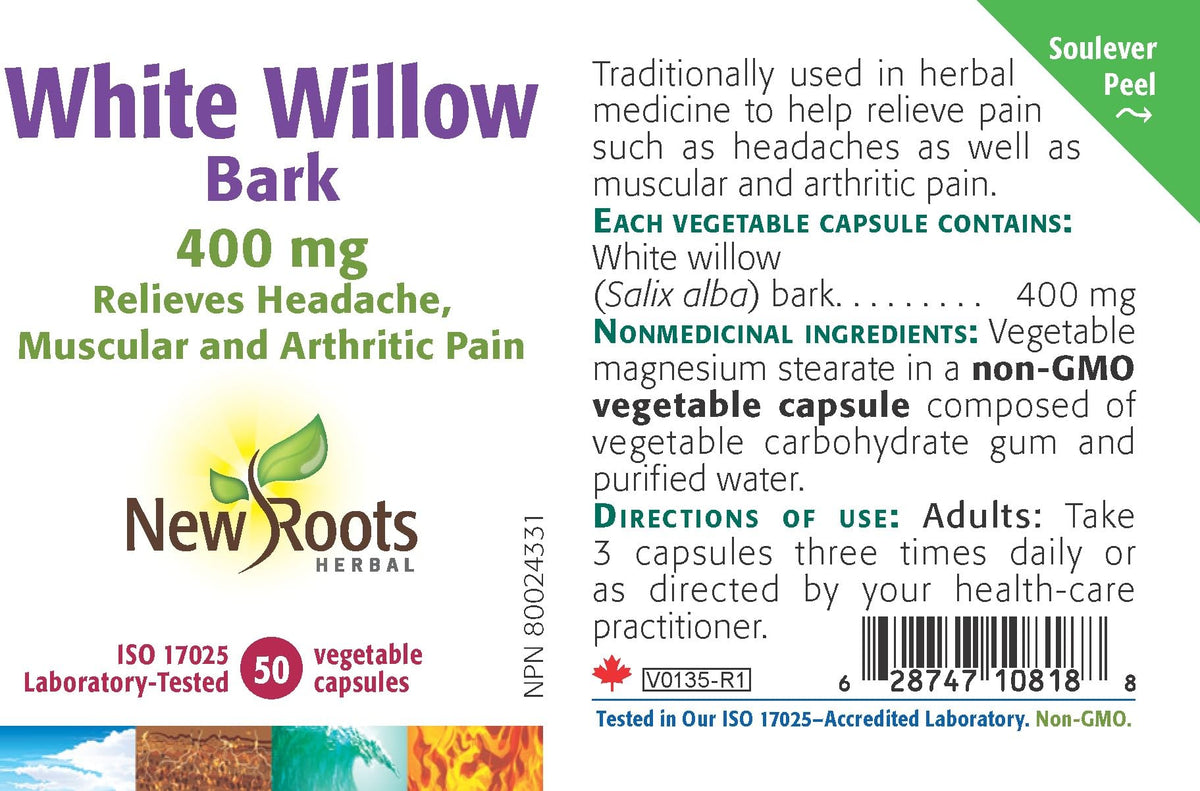 New Roots Herbal White Willow Bark Capsules, 400 mg, Gluten Free