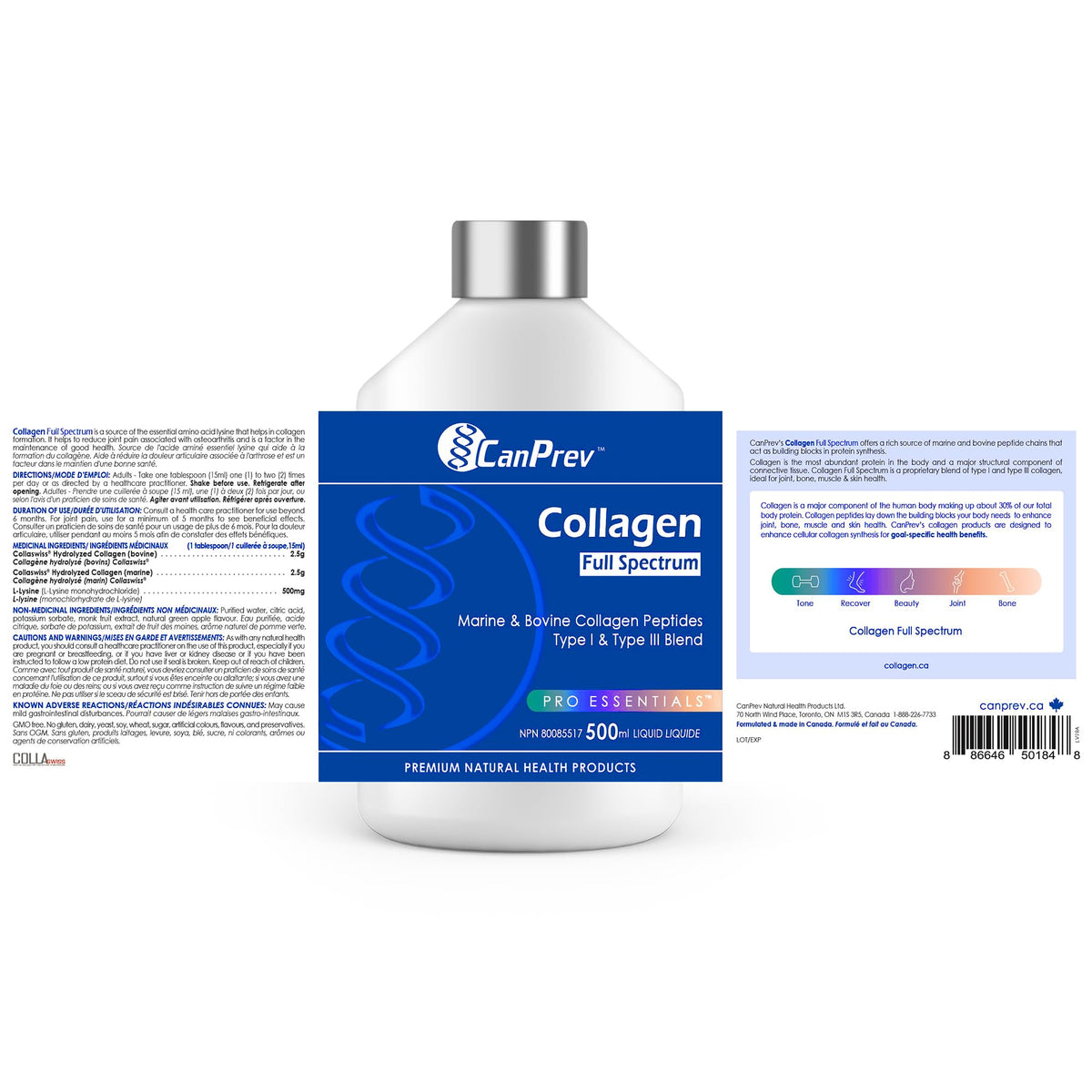 CanPrev Liquid Collagen, Marine & Bovine, Unflavoured, 500 ml, 33 Servings
