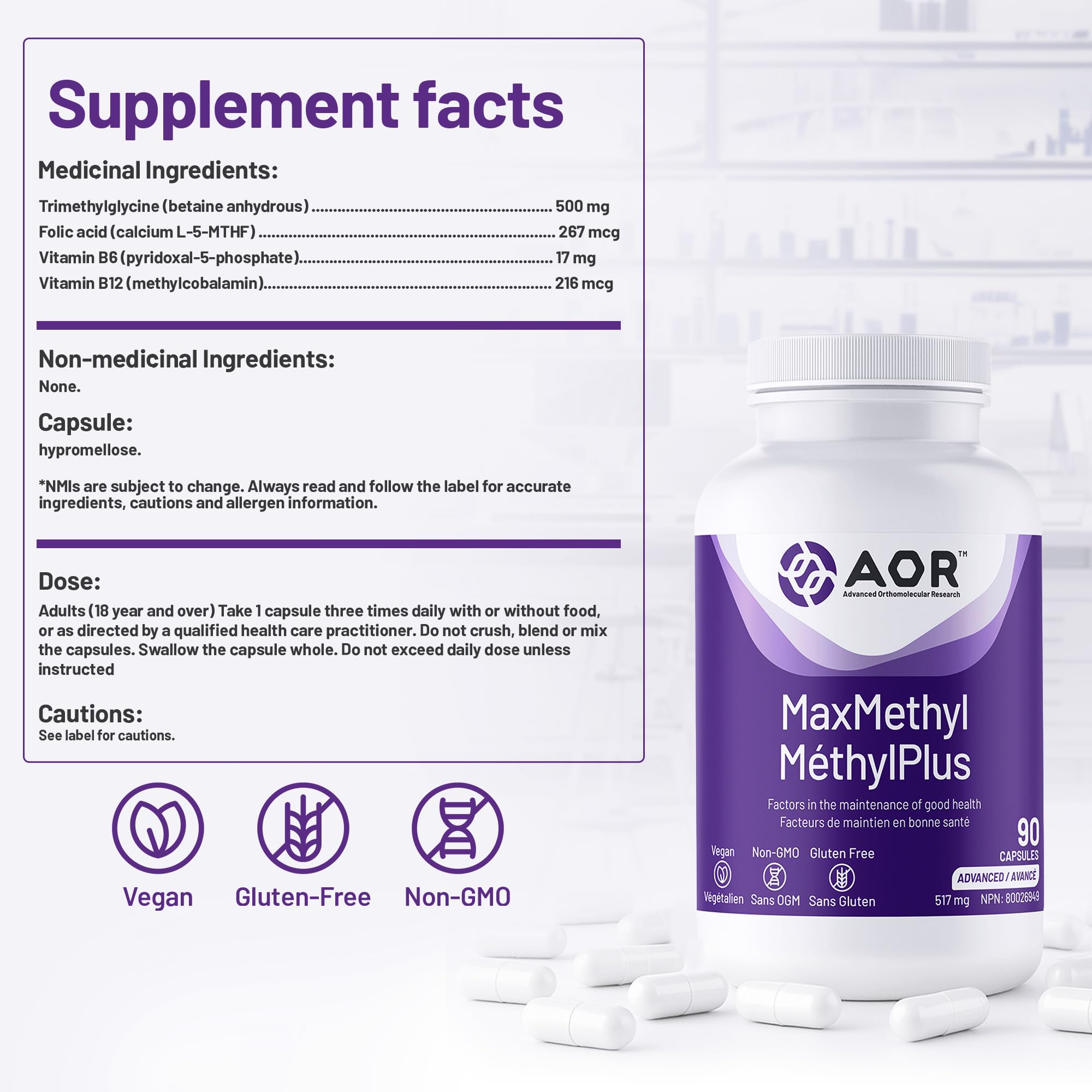 AOR Max Methyl 517mg, 90 gélules végétaliennes, 30 jours d'approvisionnement - Acide folique avec vitamine B6 active (P5P) & méthylcobalamine (vitamine B12), sans OGM, méthylation équilibrée et développement sain des globules rouges