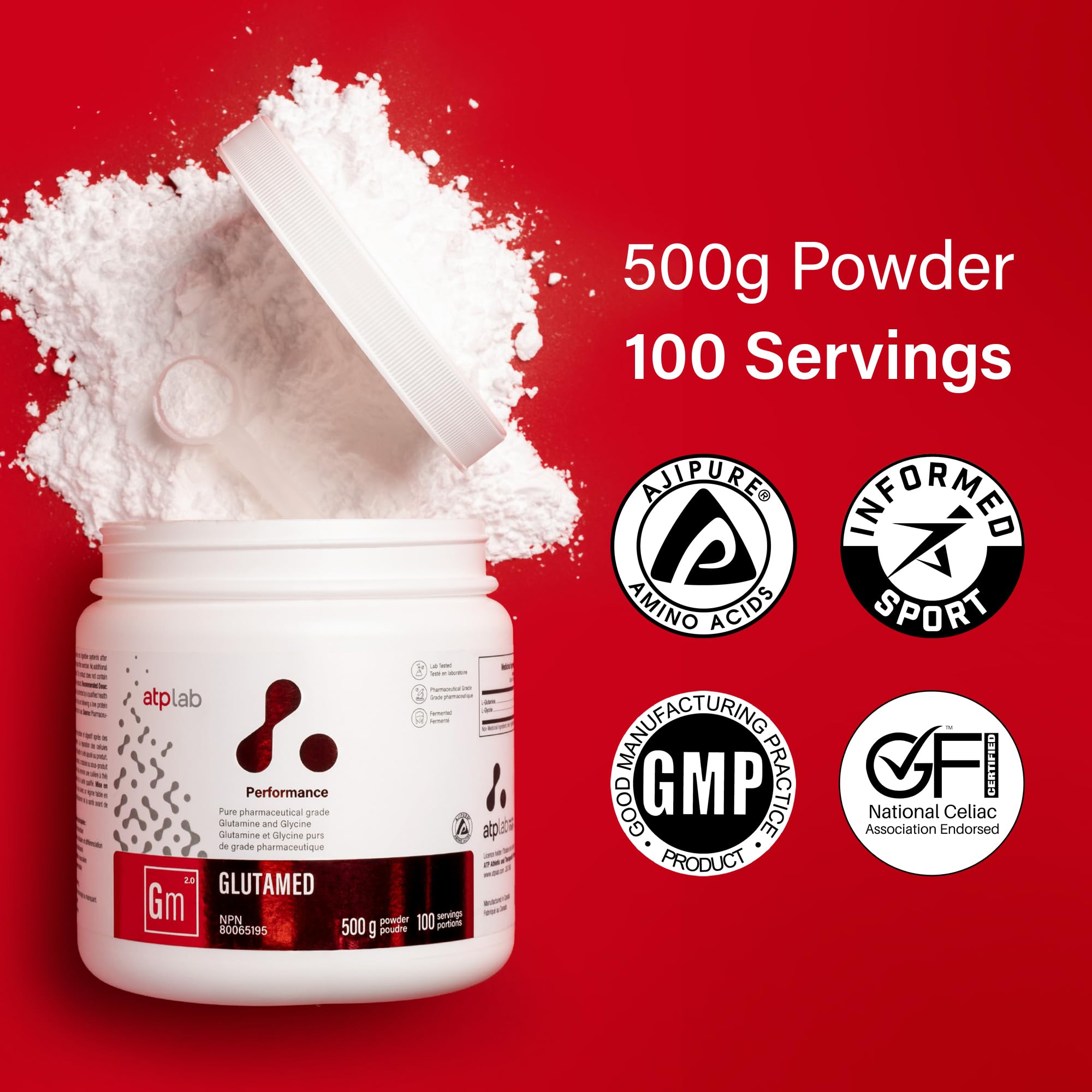 ATP LAB Glycine en poudre avec L-Glutamine, 500g 100 portions - Mélange d'acides aminés purs biologiques de qualité pharmaceutique - 3g de glycine par portion