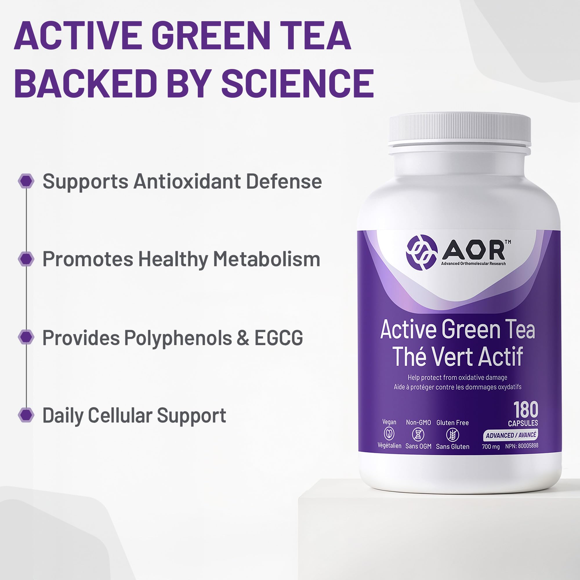 AOR Thé Vert Actif 700mg, 180 Gélules, 60 Jours d'Approvisionnement - Puissant Supplément d'Extrait de Thé Vert EGCG pour le Soutien Hépatique et Digestif et la Santé Cardiovasculaire - Formule Antioxydante Végane, Sans OGM et Sans Gluten