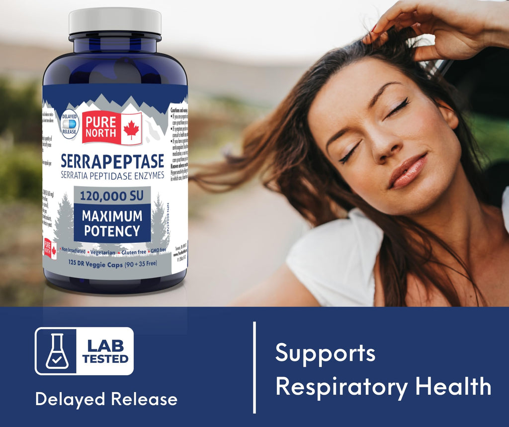 Pure North Naturals - Serrapeptase Serratia Peptidase Enzymes 120000 SU Maximum Potency (90+35 Capsules) 125-Day Supply - Supports Respiratory Health - 3rd Party Tested - Formulated & Made in Canada