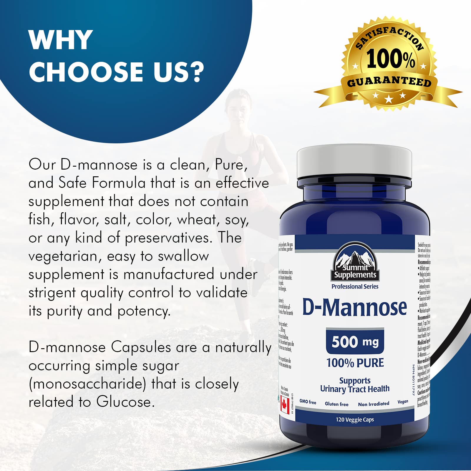 Poudre de D-Mannose pour les infections urinaires (santé des voies urinaires), fièrement canadienne et à impact plastique négatif.