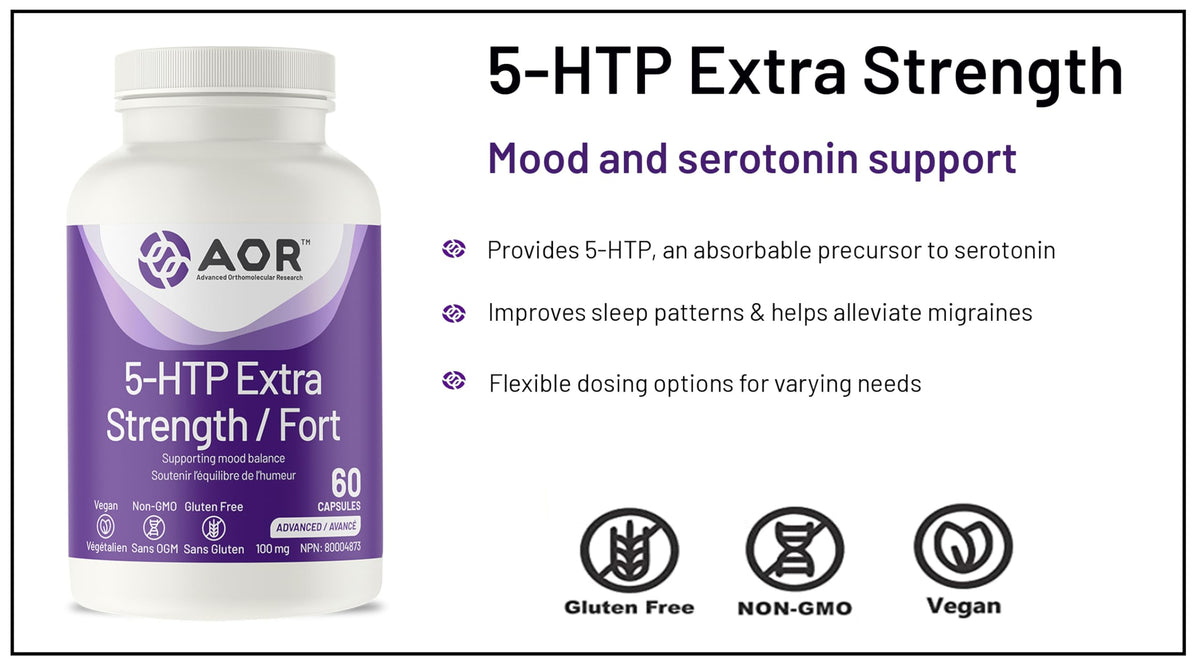 AOR 5-HTP Supplement, 100 mg, Extra Strength, Gluten Free, 60 Capsules