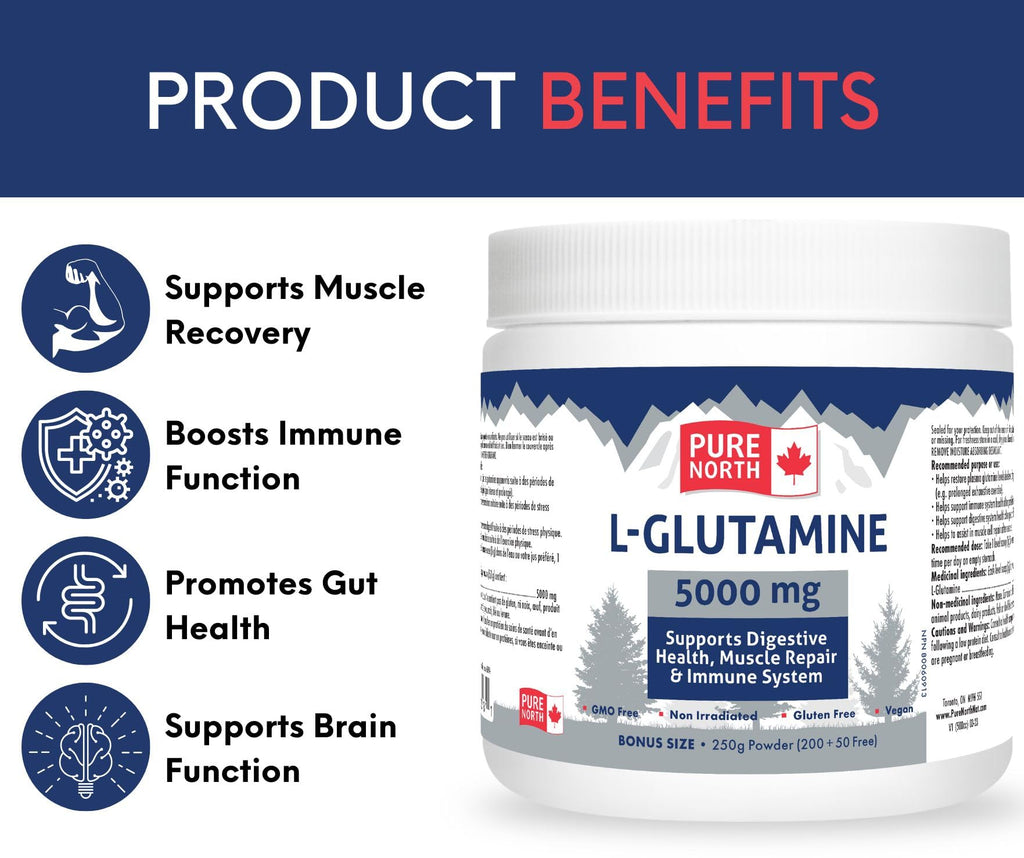Pure North Naturals - L-Glutamine 5000mg, 250g Powder 50-Servings - Gut Health and Digestive Health - Support Muscle Repair & Support Immune System - 3rd Party Tested - Formulated & Made in Canada