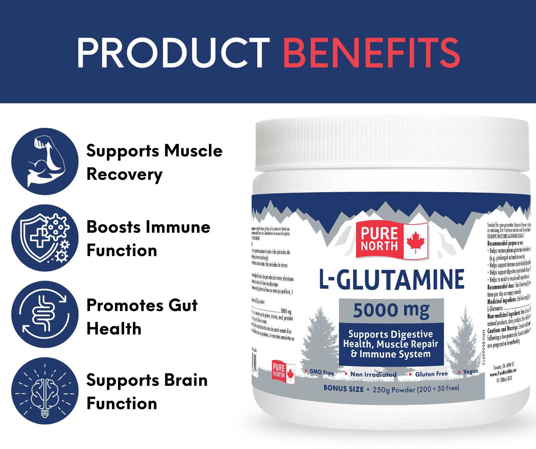 Pure North Naturals - L-Glutamine 5000mg, 250g Powder 50-Servings - Gut Health and Digestive Health - Support Muscle Repair & Support Immune System - 3rd Party Tested - Formulated & Made in Canada