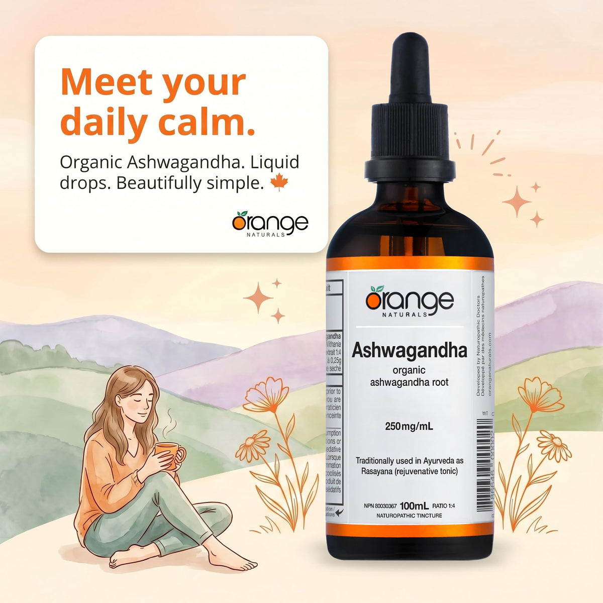 Orange Naturals Ashwagandha Tincture Organic 100ml Liquid Drops for Calm Focus, Nervous System Balance & Restful Sleep – Ayurvedic Root Extract