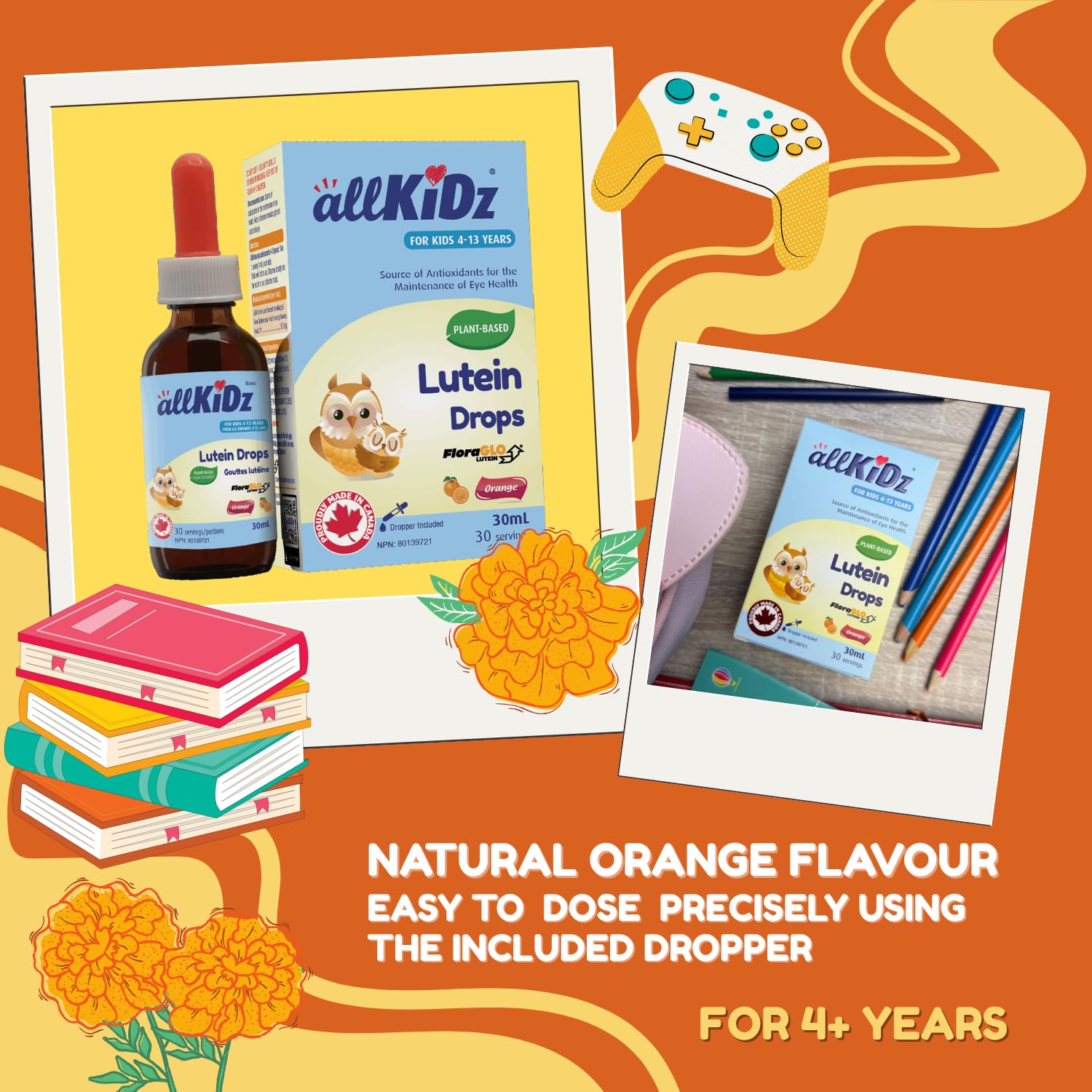 allKiDz Gouttes de lutéine pour enfants, soutien de la santé oculaire et de la vision, 5,5 mg de lutéine libre (FloraGLO) en supplément liquide, végétalien à base de plantes, sans conservateurs, sans sucre, saveur orange délicieuse, 30 ml = 30 jours