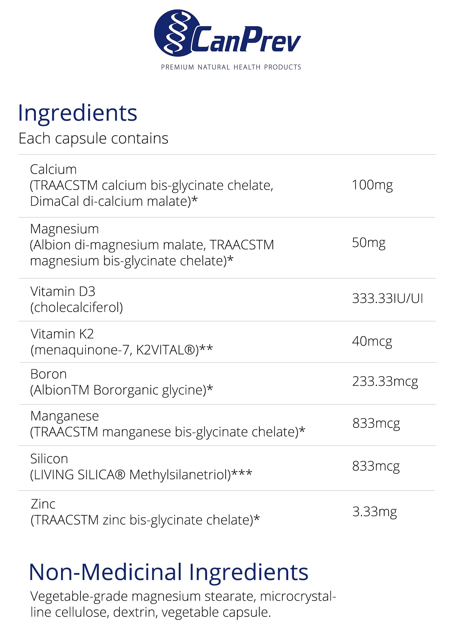 CanPrev Healthy Bones - Cal-Mag Chélaté 2:1, Oligo-éléments Essentiels, Vitamine D3 Végétalienne & K2 Sans Soja | Aide à Construire des Os et des Dents Solides | Produits de Santé Naturels de Première Qualité