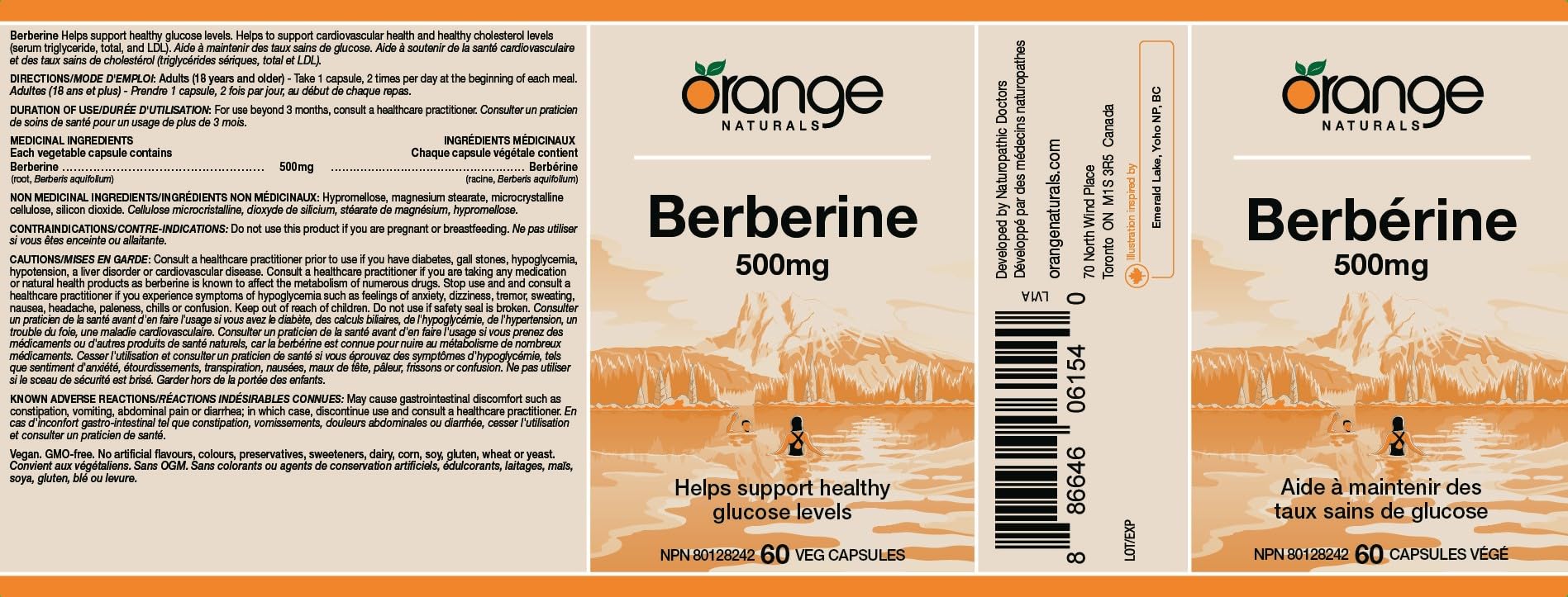 Orange Naturals - Berberine 500mg, 60 gélules (30 jours d'approvisionnement) - La berbérine aide à soutenir des niveaux de glucose sains, des niveaux de cholestérol sains et la santé cardiovasculaire - Végane et sans OGM - Soutien métabolique naturel