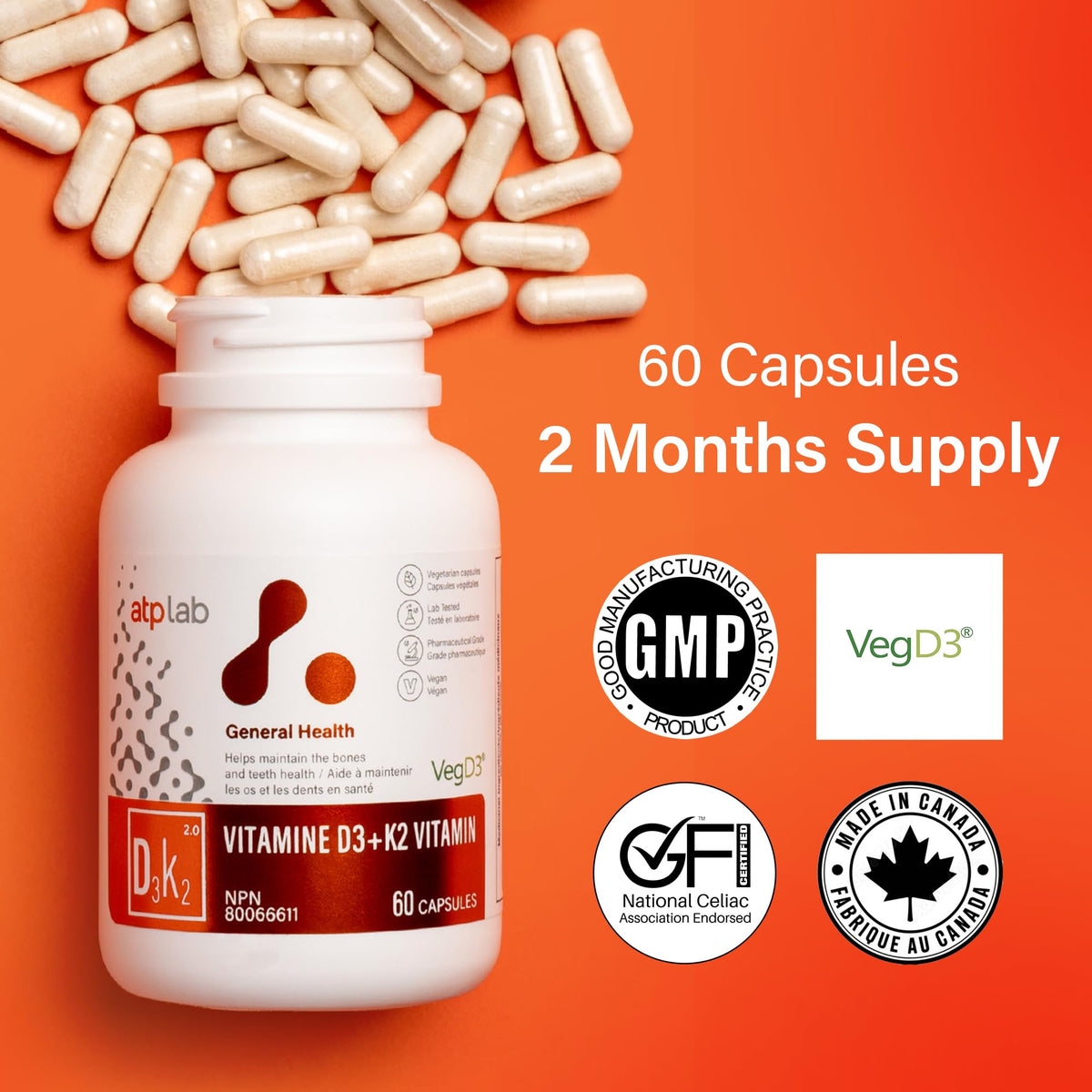 atplab Vitamin D3 K2 Capsules, 1000 IU, 60 Capsules, 60 Day Supply