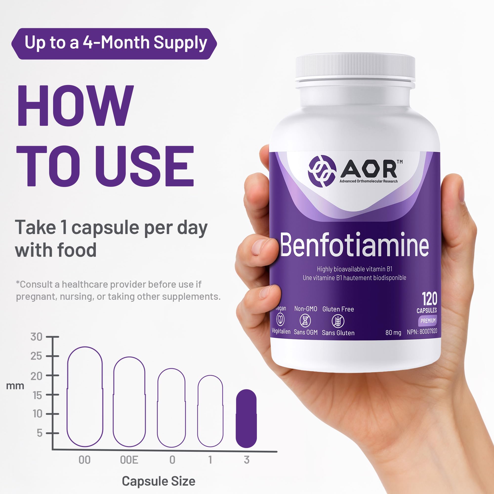 AOR Benfotiamine Vitamine B1 80mg 120 Gélules Fourniture de 120 Jours - Supplément de Complexe de Vitamines B - Végan, Sans OGM, Sans Gluten - Facile à Avaler - Soutient la Production d'Énergie, un Métabolisme Sain et la Circulation
